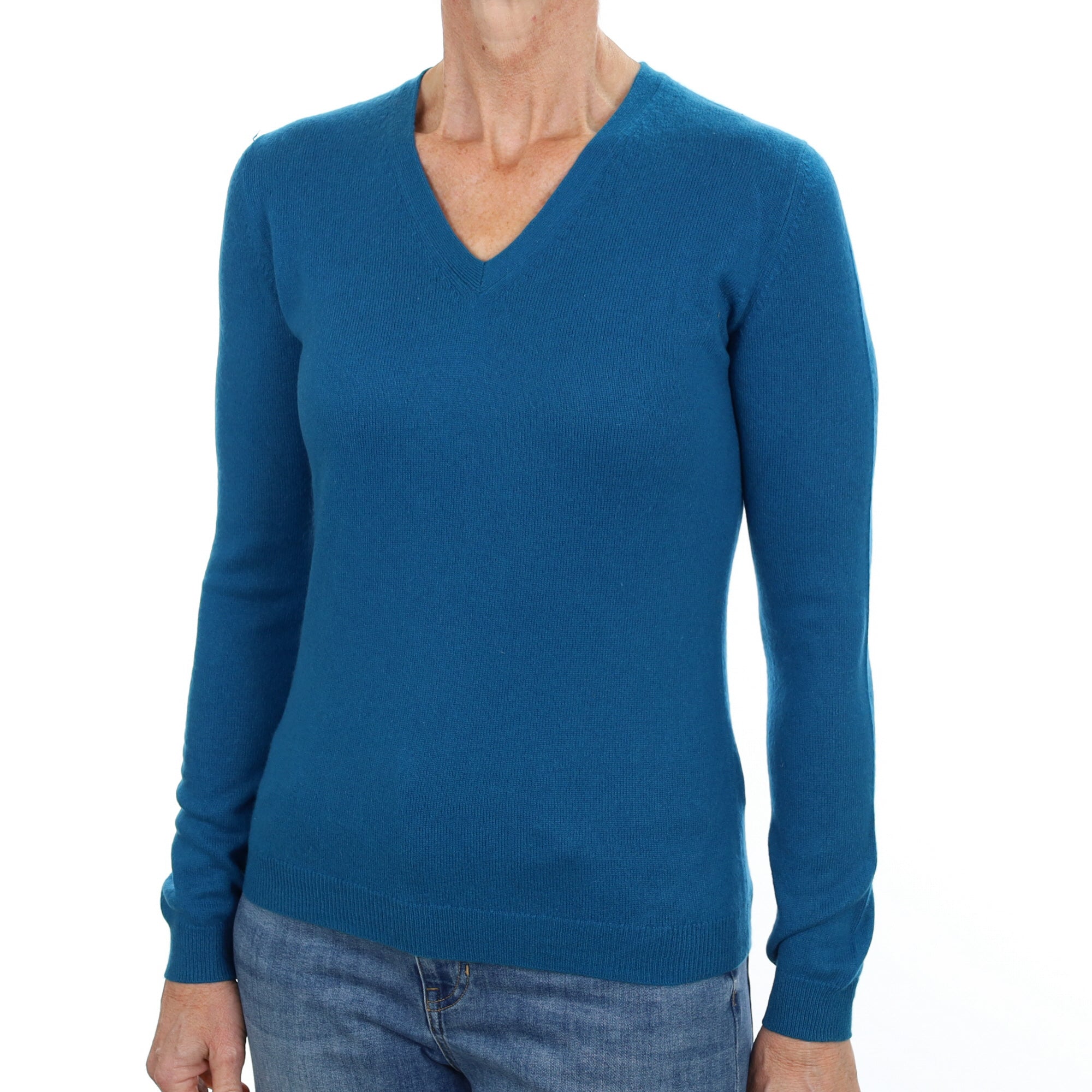 Teal Blue Cashmere V Neck Jumper Small