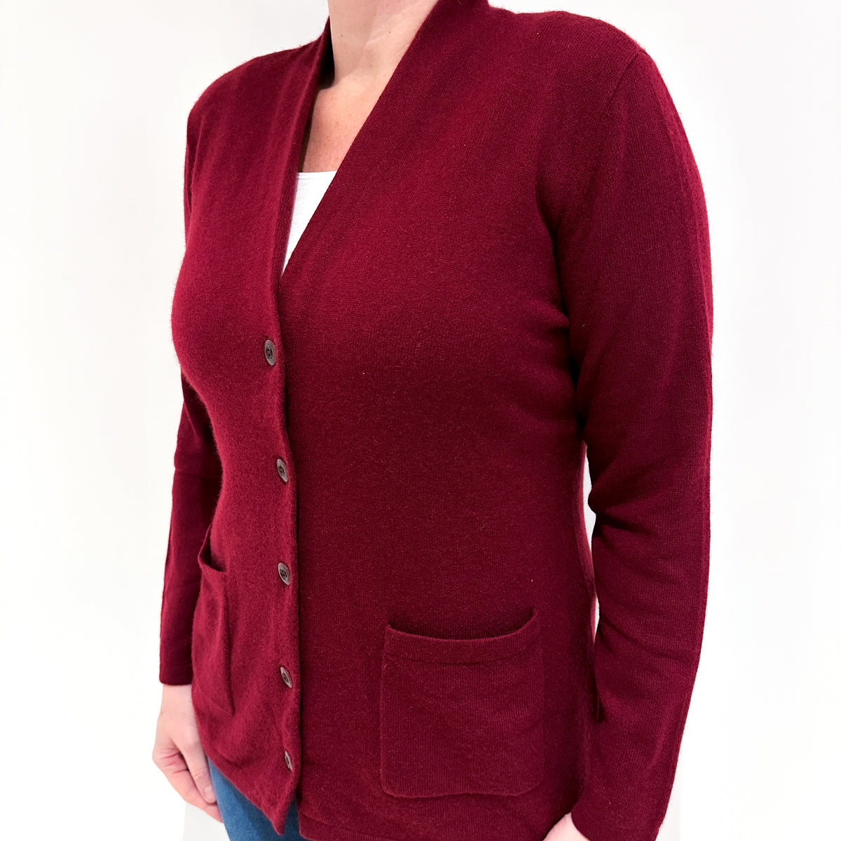 Burgundy Red Cashmere V Neck Cardigan with Pockets Large