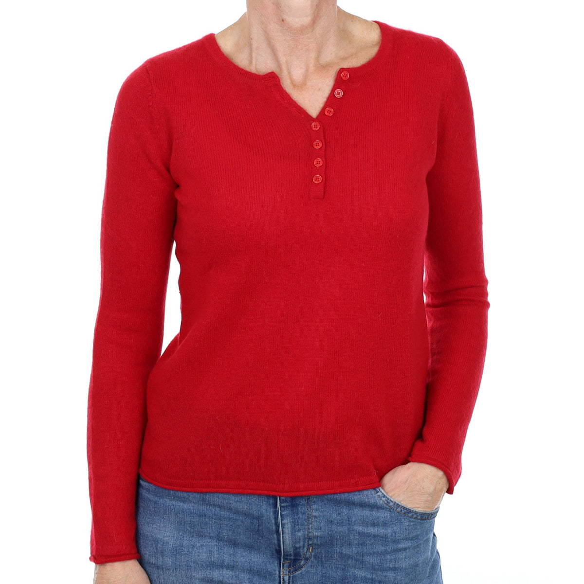 Post Box Red Cashmere Button Up V Neck Jumper Small