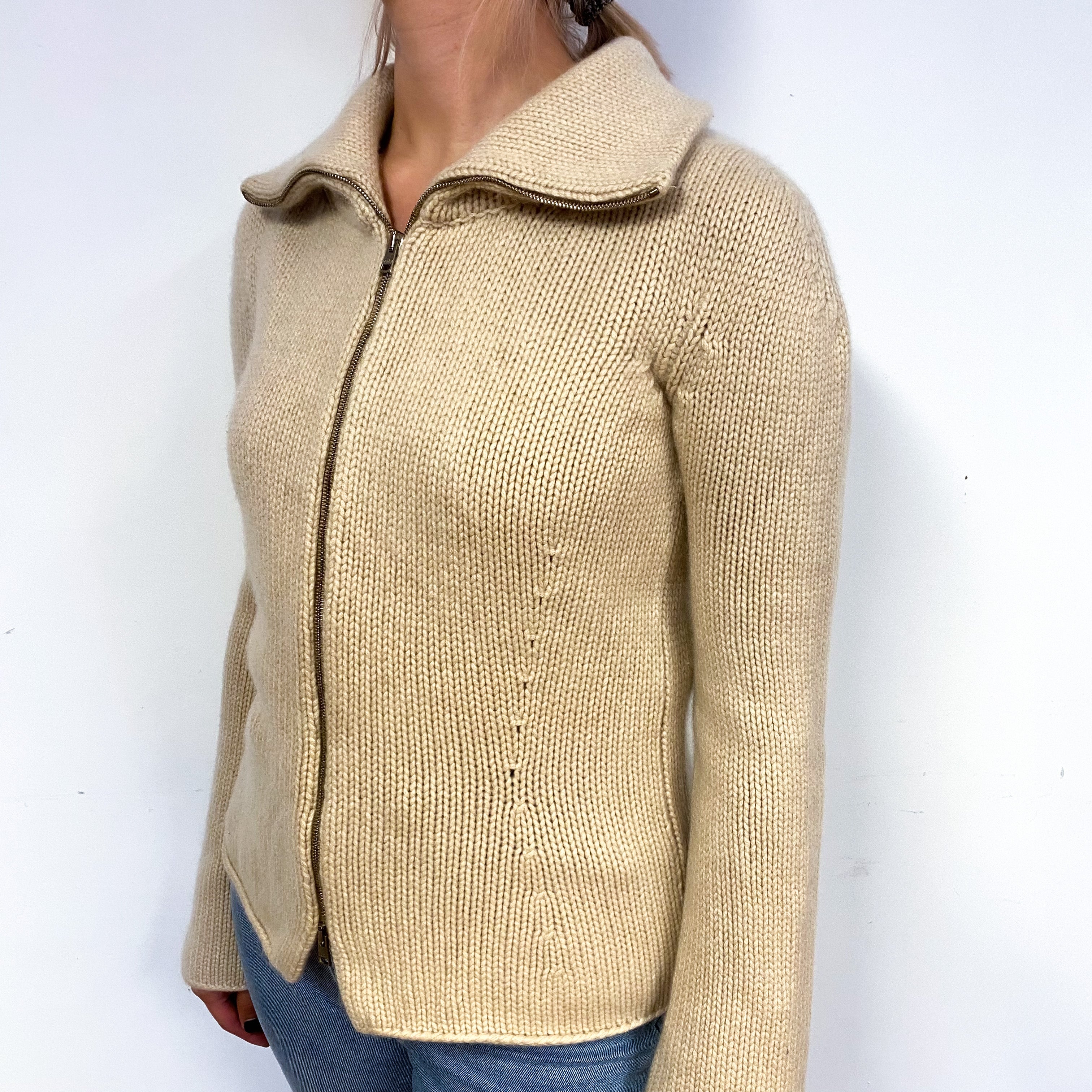 Gentryportofino Pale Beige Chunky Cashmere Zip Cardigan Small