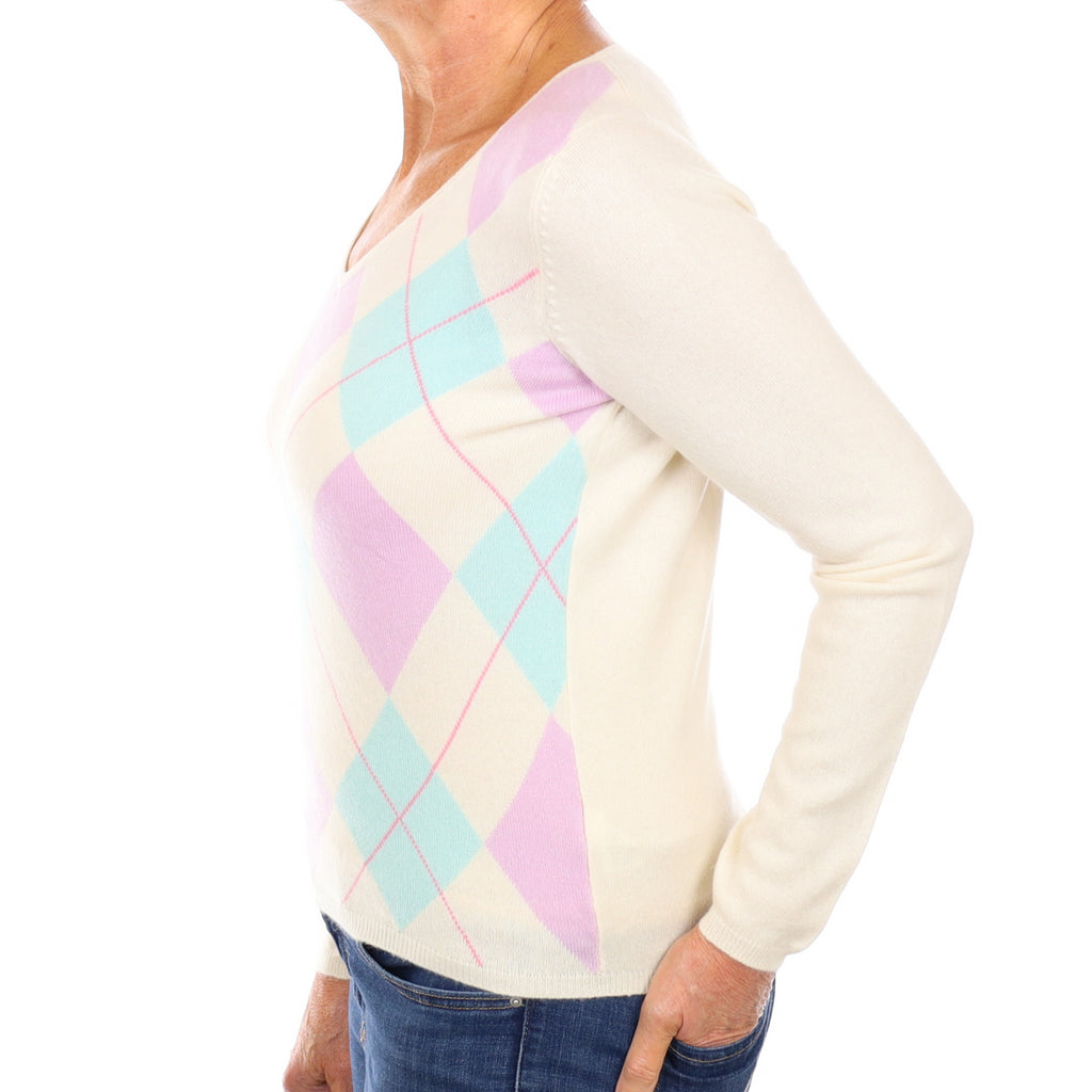 Cream Lilac Argyle Cashmere V Neck Jumper Medium