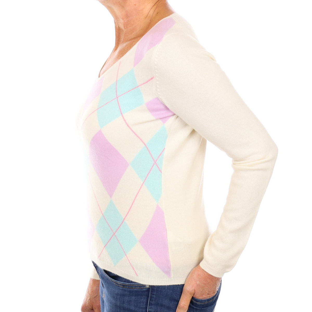 Cream Lilac Argyle Cashmere V Neck Jumper Medium