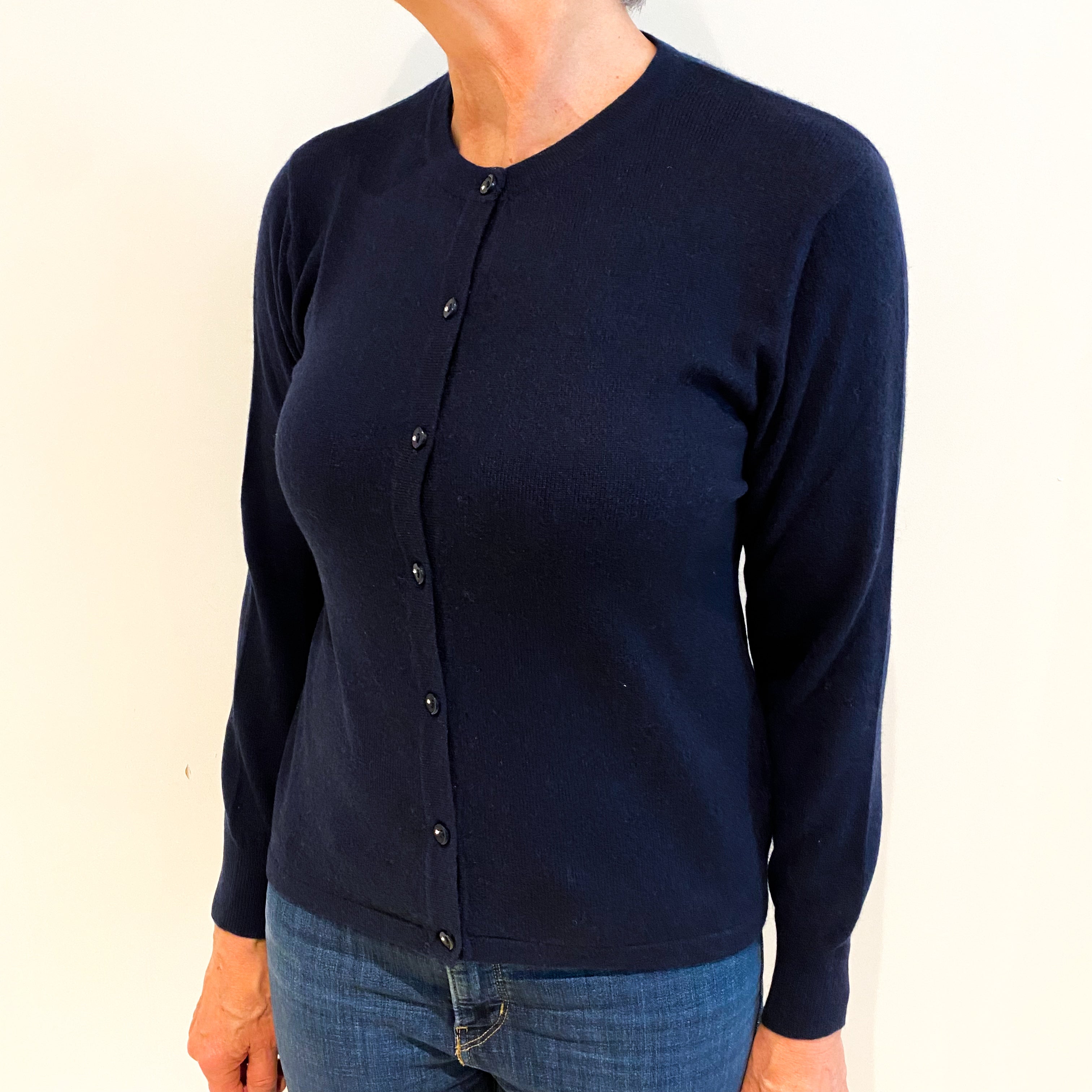 Navy Cashmere Crew Neck Cardigan Medium