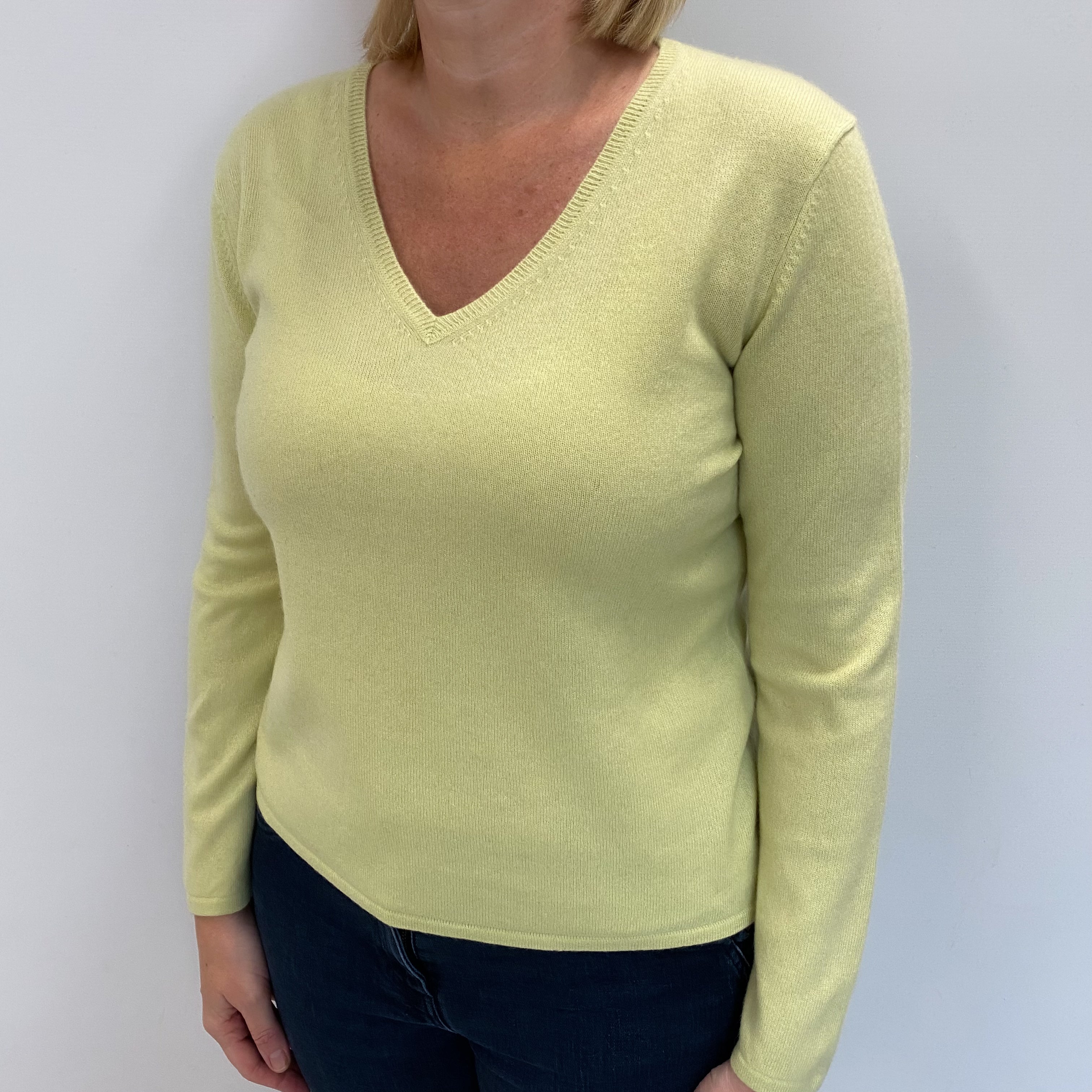 Soft Lime Cashmere V Neck Jumper Large