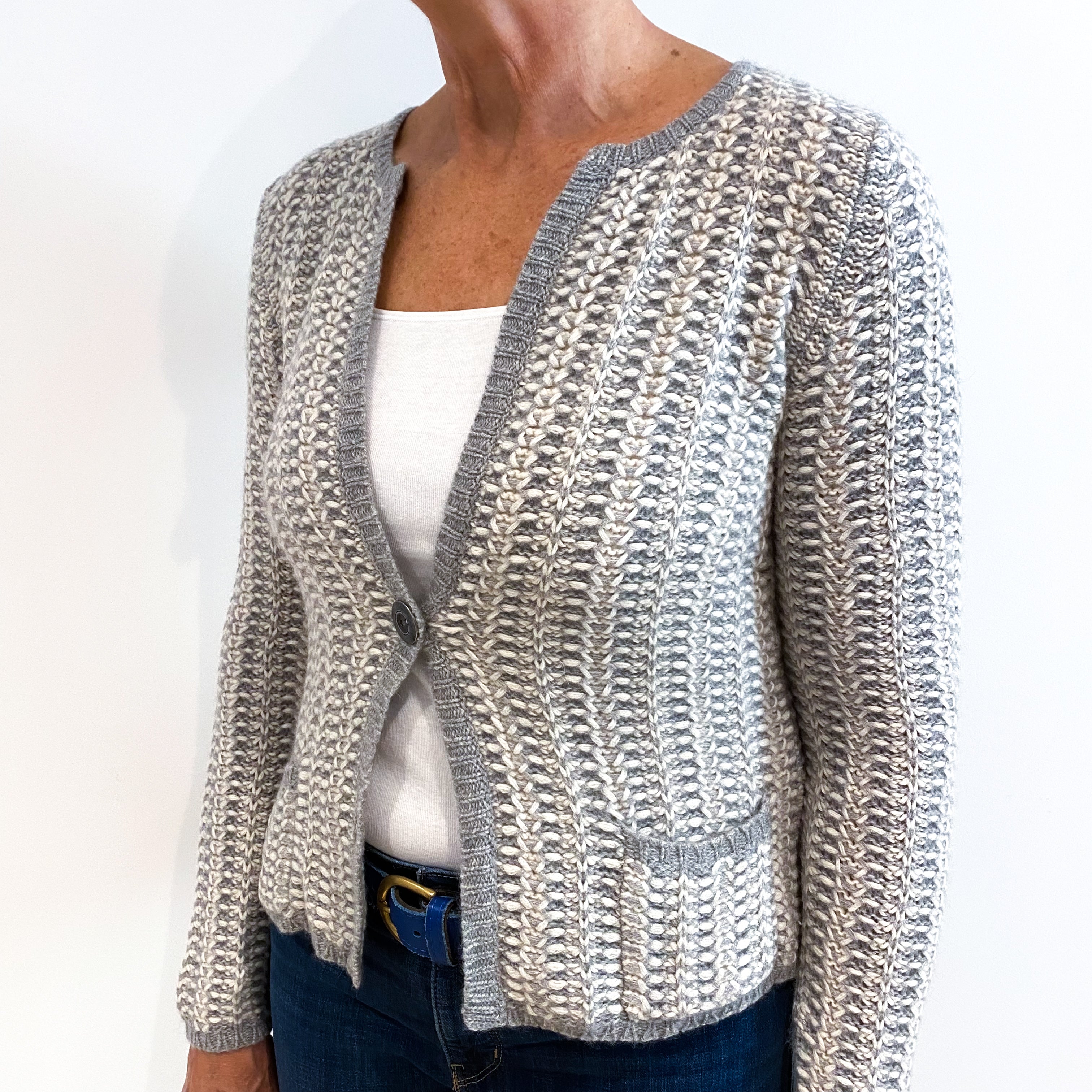 Smoke Grey and Winter White Heavy Knit Cashmere Cardigan Medium