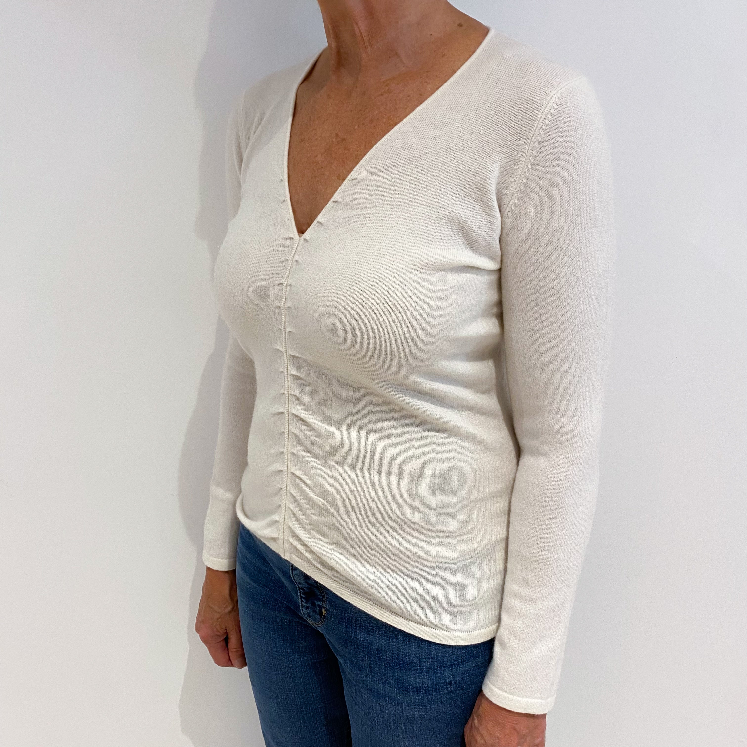 Cream Gathered Cashmere V-Neck Jumper Medium