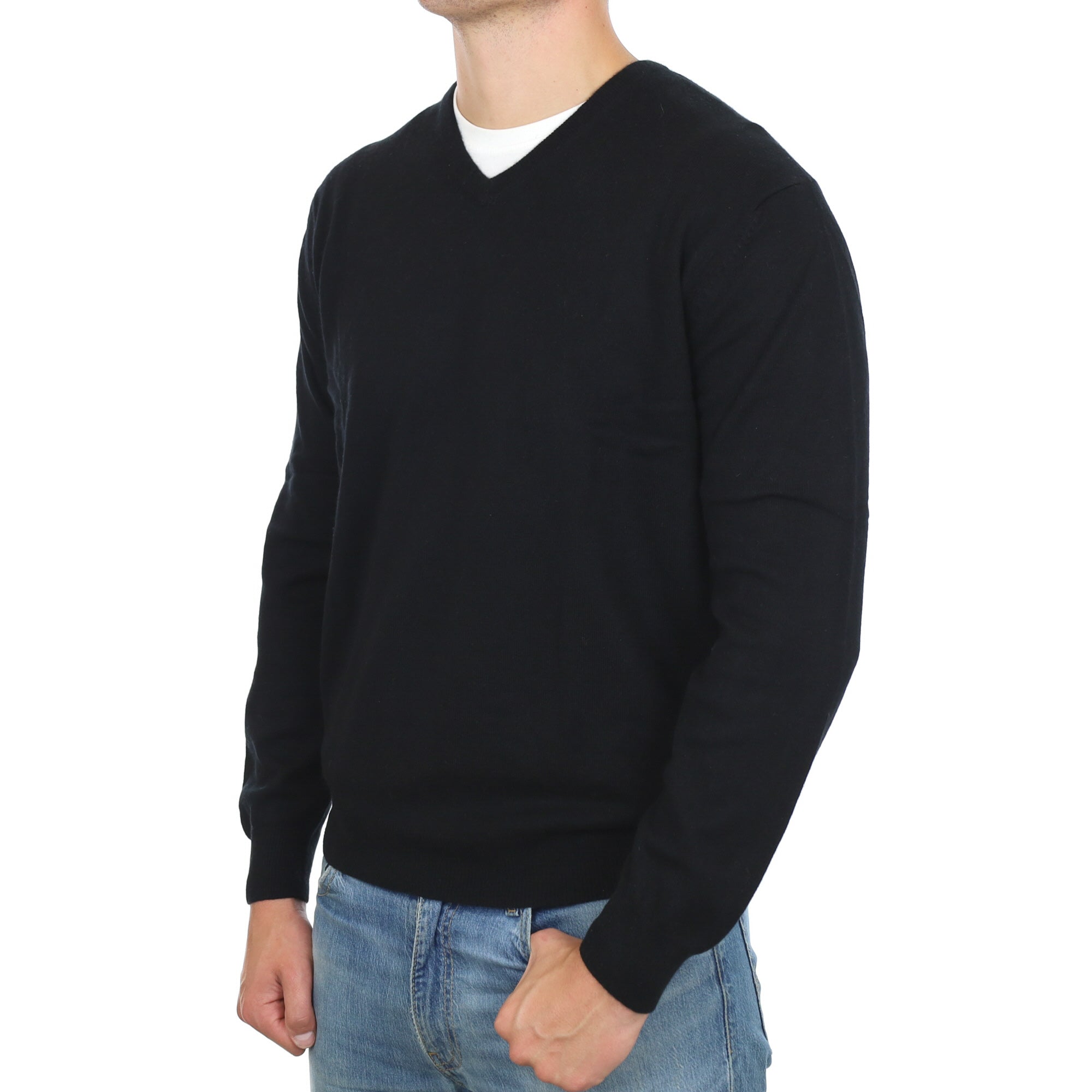 Men's Black Cashmere V Neck Jumper XL