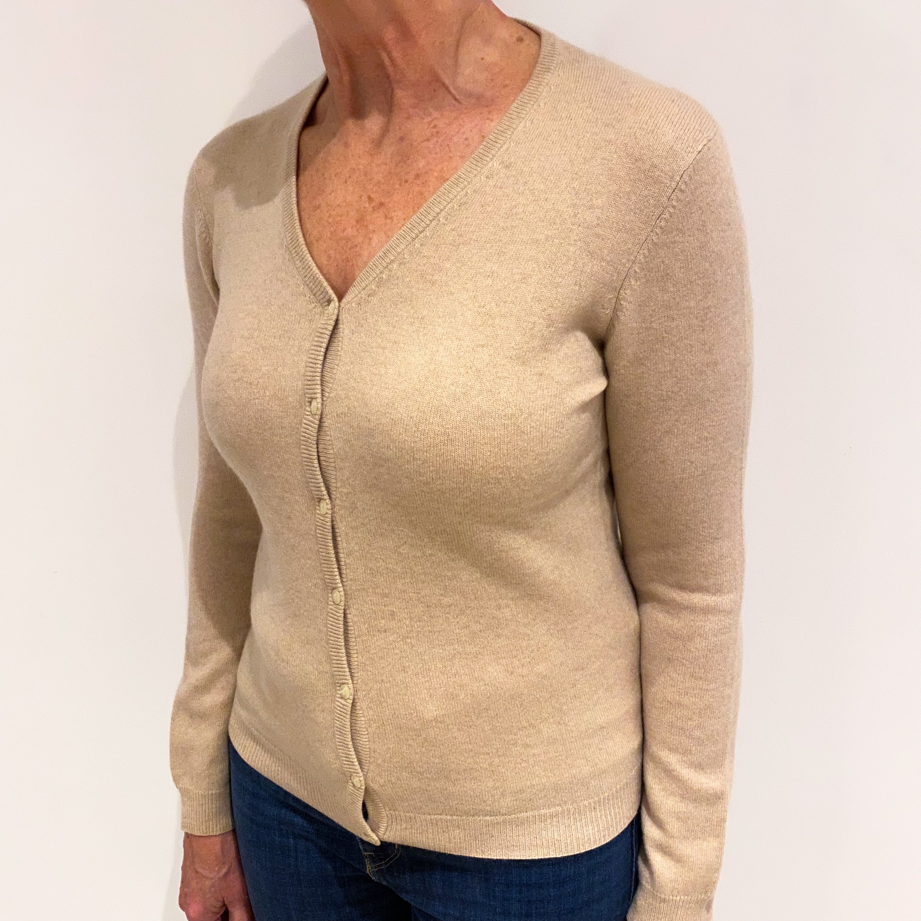 Buff Beige Cashmere V Neck Cardigan Medium