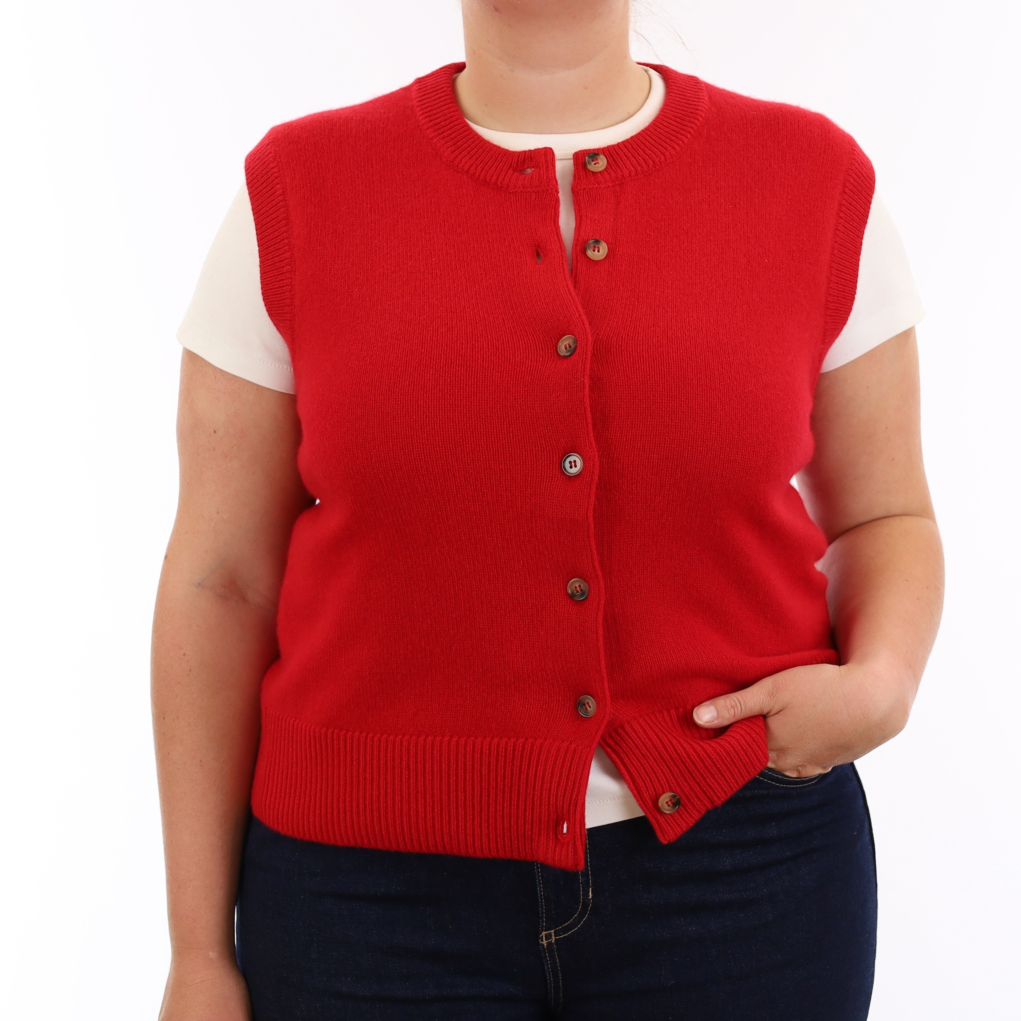 Brand New Post Box Red Luxury Cashmere Crew Neck Waistcoat Large UK 16-18