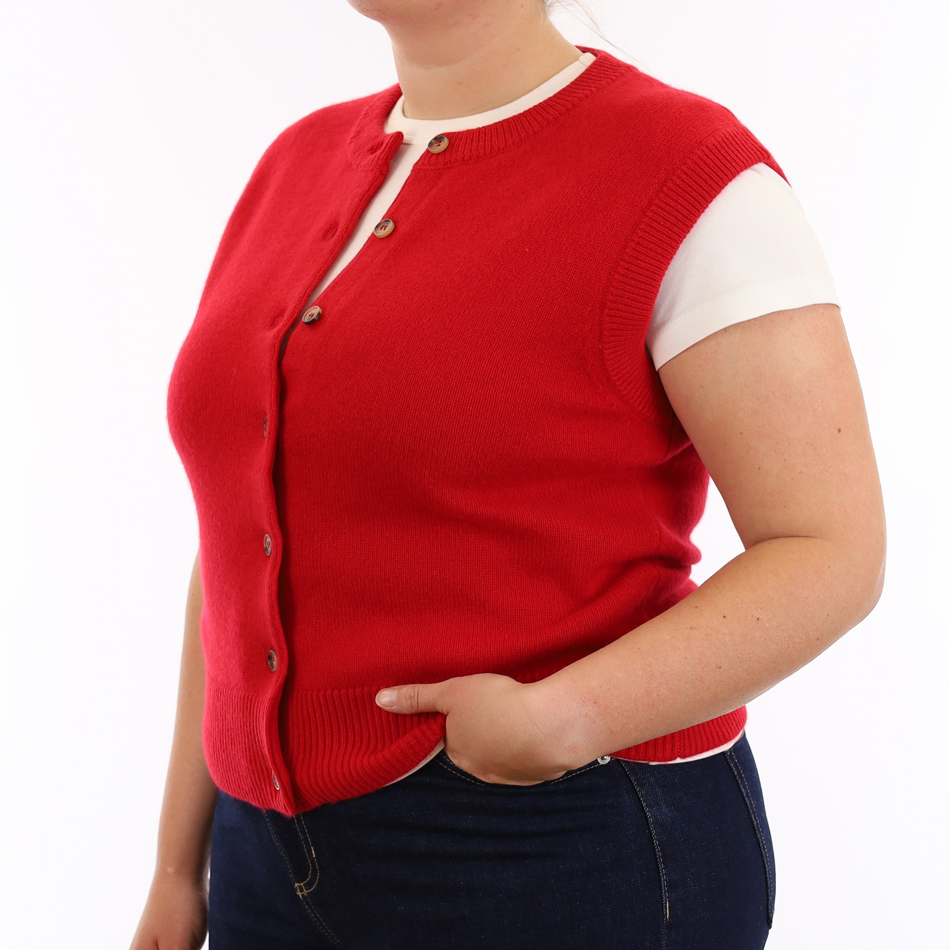 Brand New Post Box Red Luxury Cashmere Crew Neck Waistcoat Large UK 16-18