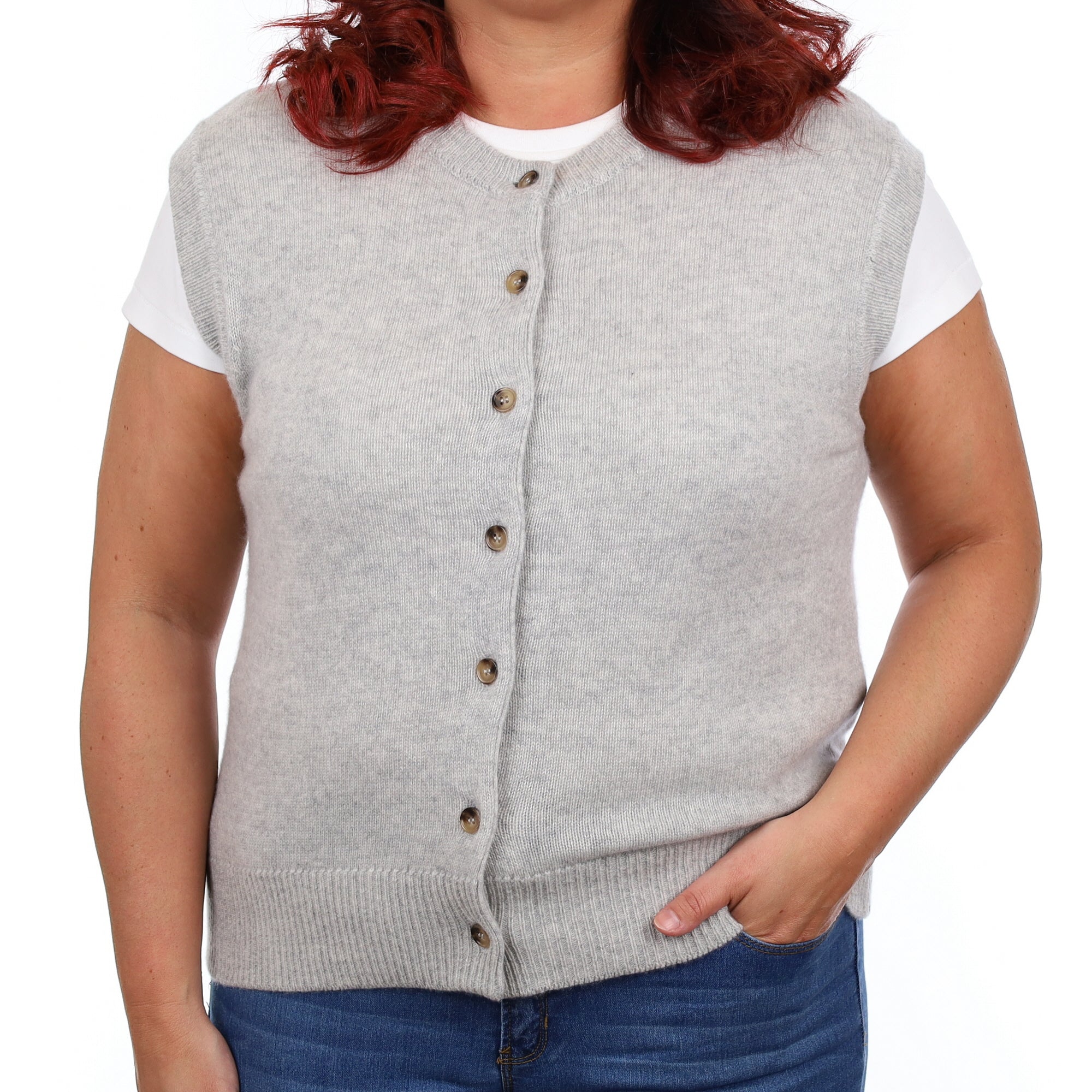 Brand New Mist Grey Luxury Cashmere Crew Neck Waistcoat Large UK 16-18