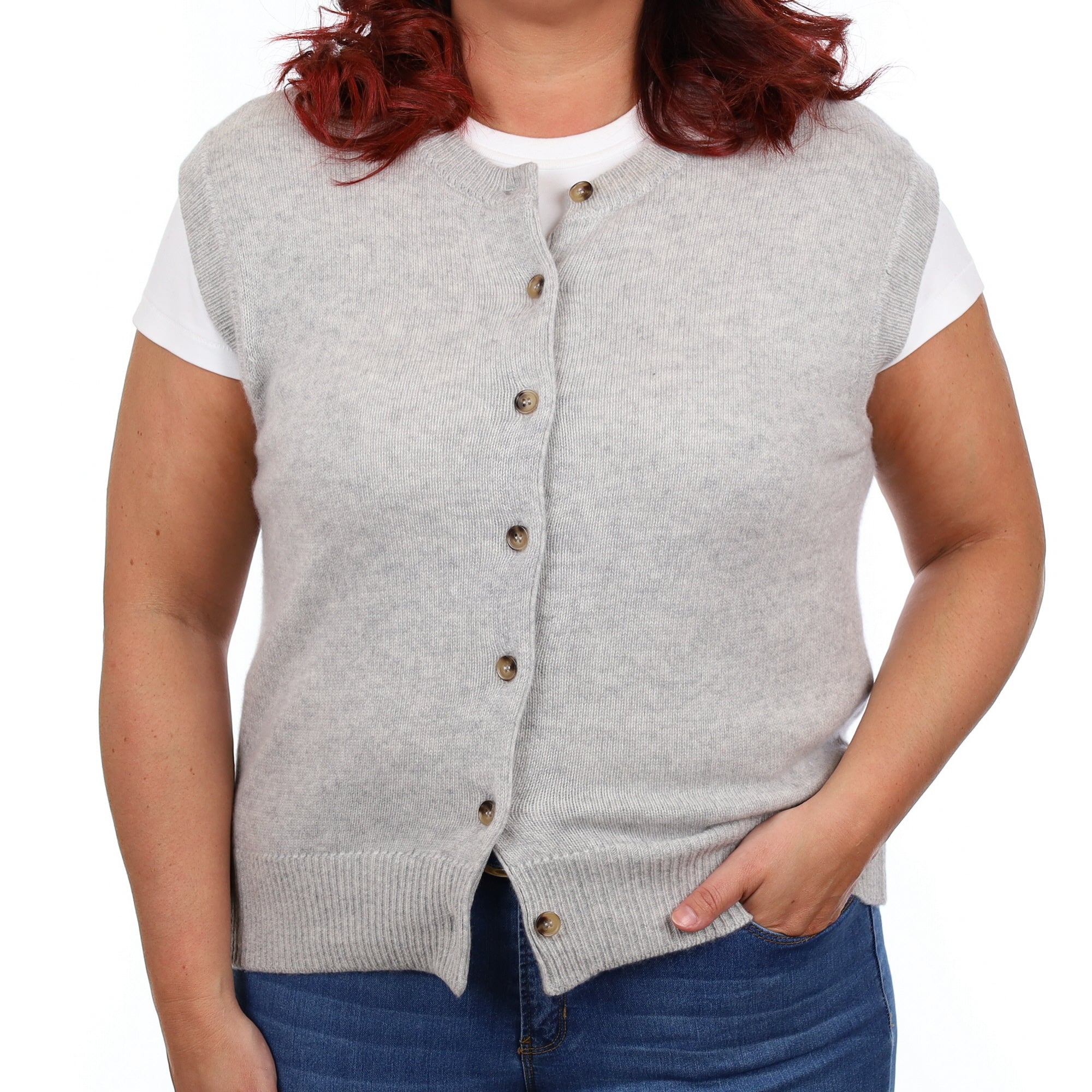 Brand New Mist Grey Luxury Cashmere Crew Neck Waistcoat Large UK 16-18