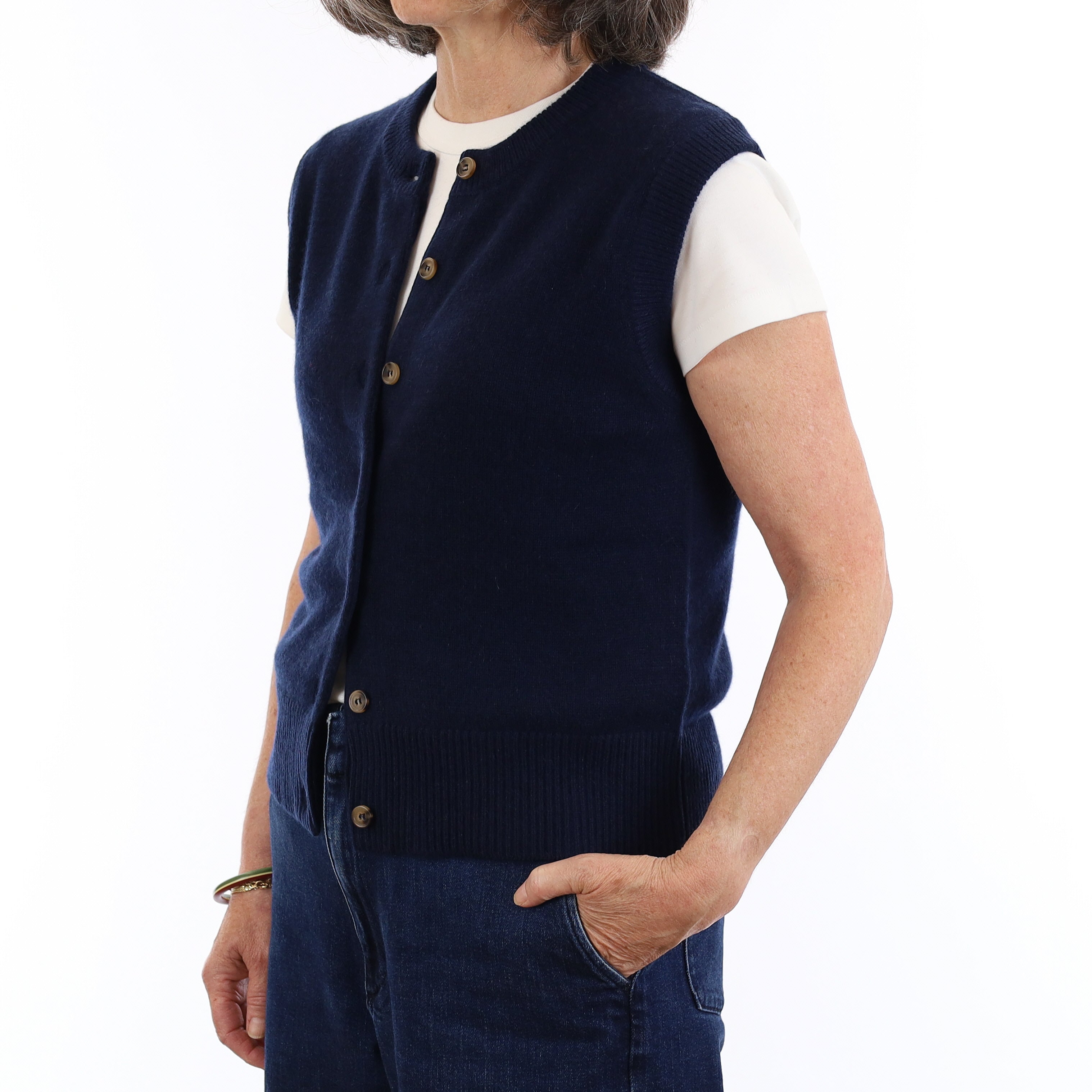 Brand New Navy Luxury Cashmere Crew Neck Waistcoat Medium UK 12-14