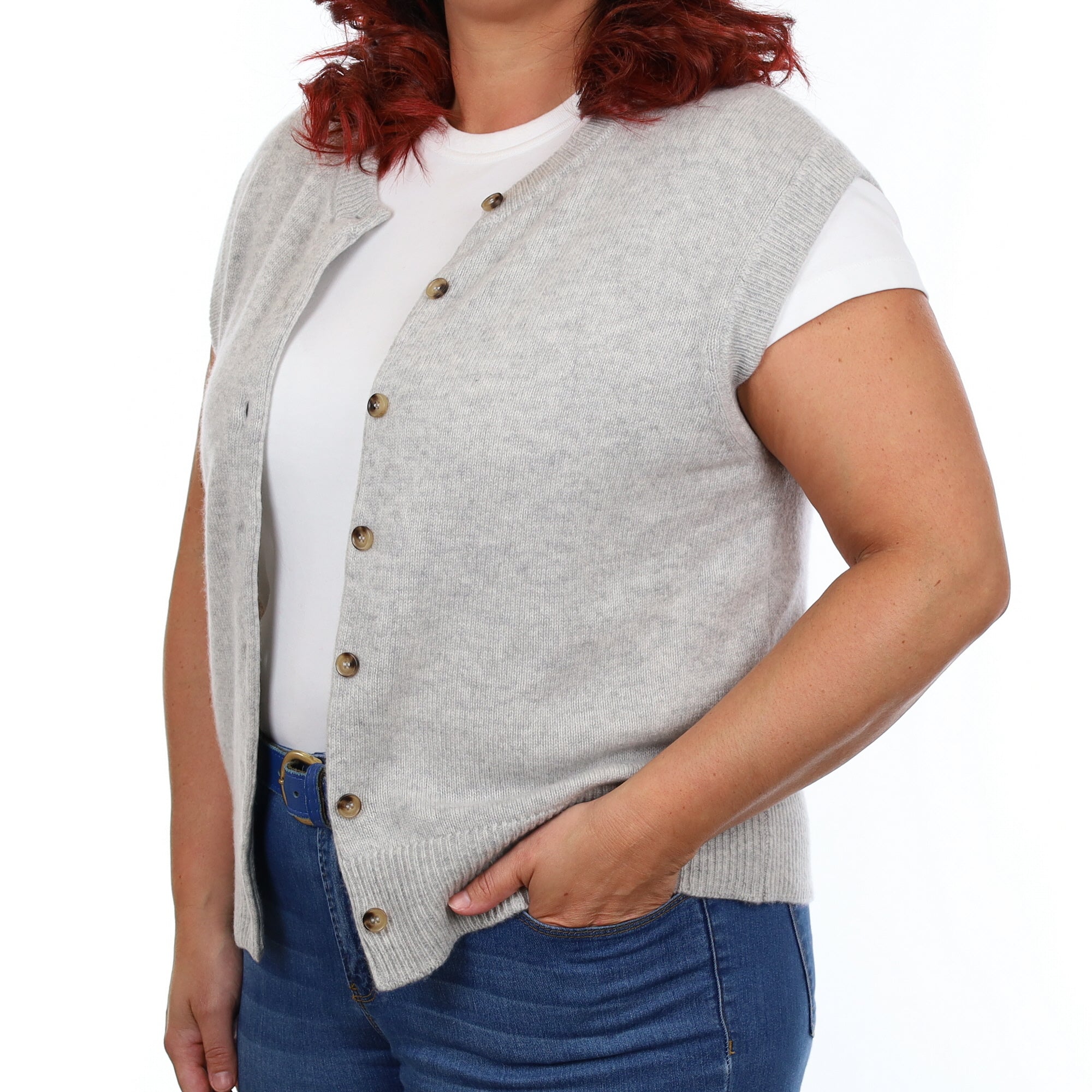 Brand New Mist Grey Luxury Cashmere Crew Neck Waistcoat Large UK 16-18