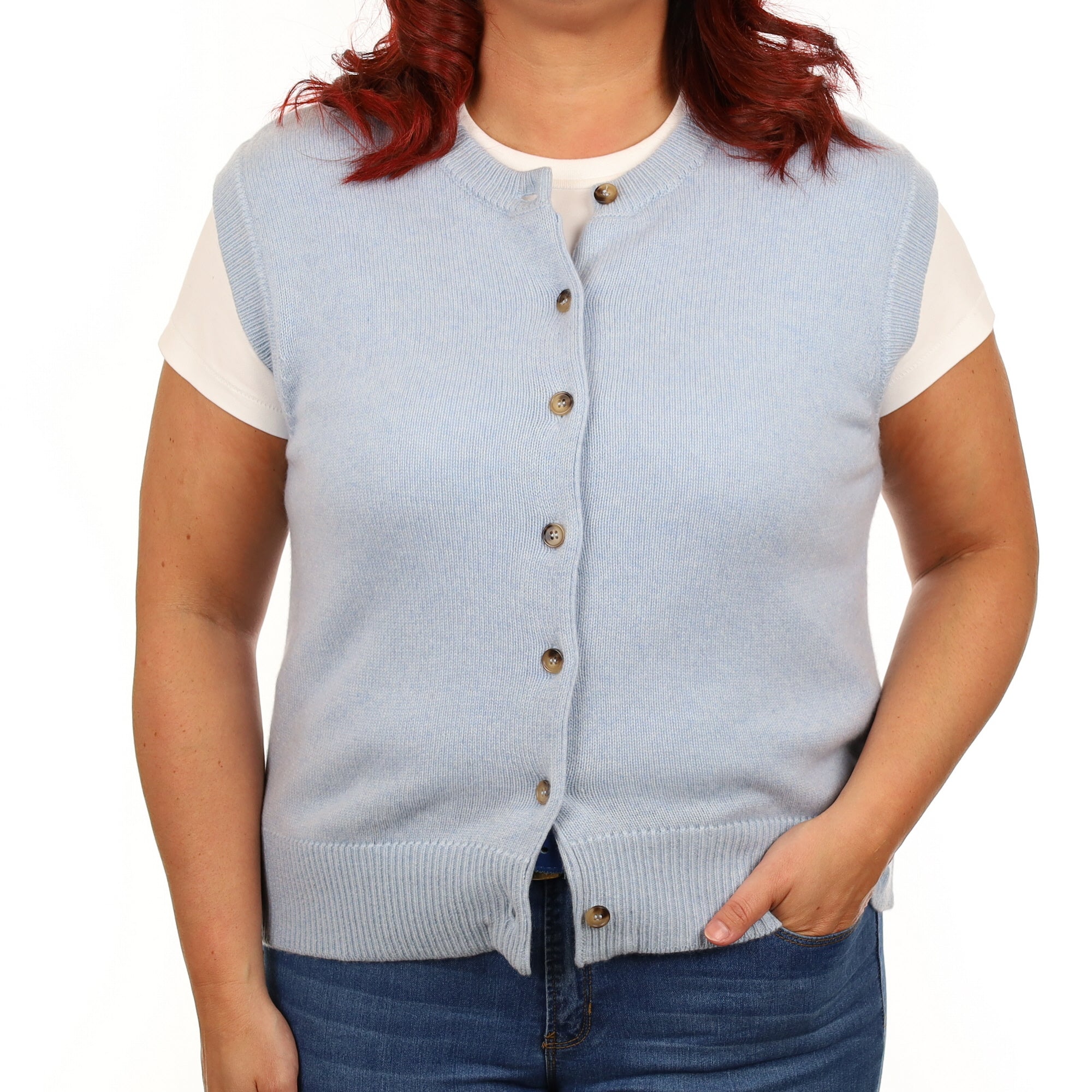 Brand New Baby Blue Luxury Cashmere Crew Neck Waistcoat Large UK 16-18