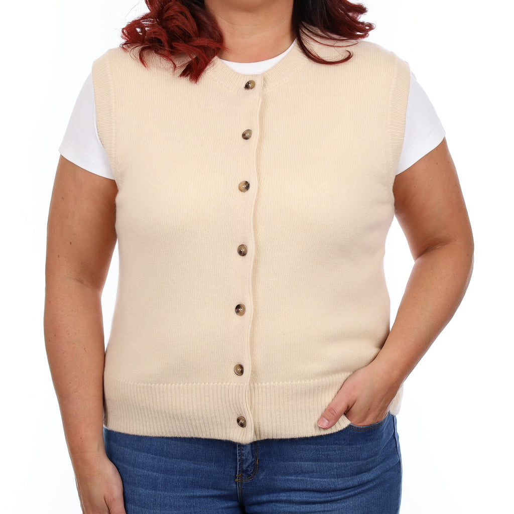 Brand New Vanilla Cream Luxury Cashmere Crew Neck Waistcoat Large UK 16-18