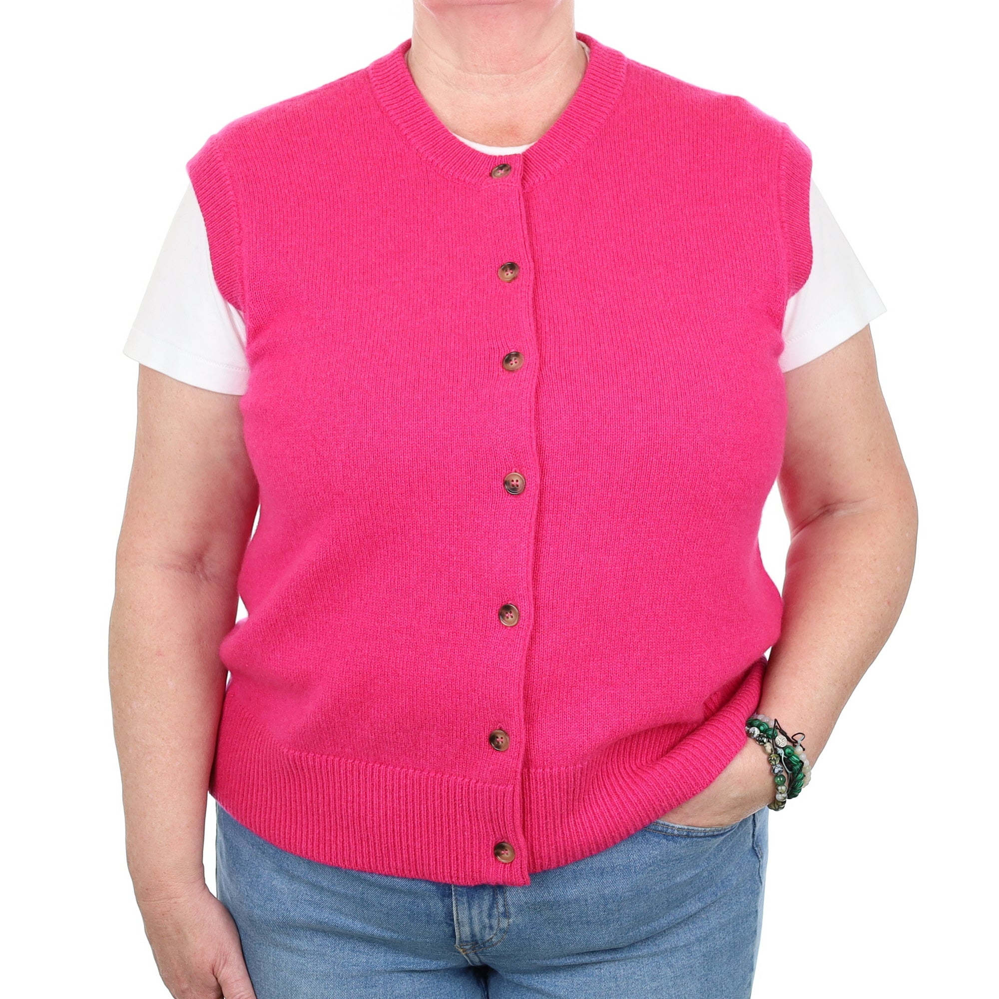 Brand New Hot Pink Luxury Cashmere Crew Neck Waistcoat Extra Large UK 20-22