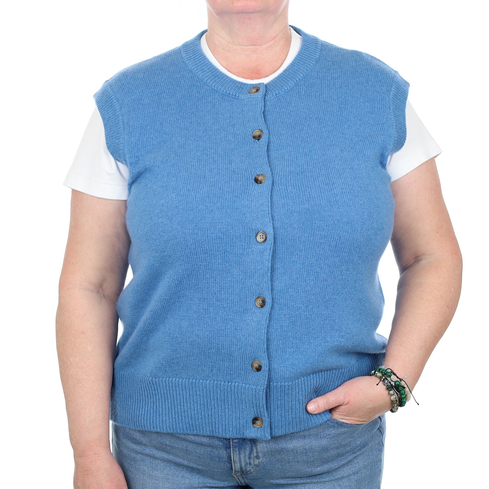 Brand New Mediterranean Blue Luxury Cashmere Crew Neck Waistcoat Extra Large UK 20-22