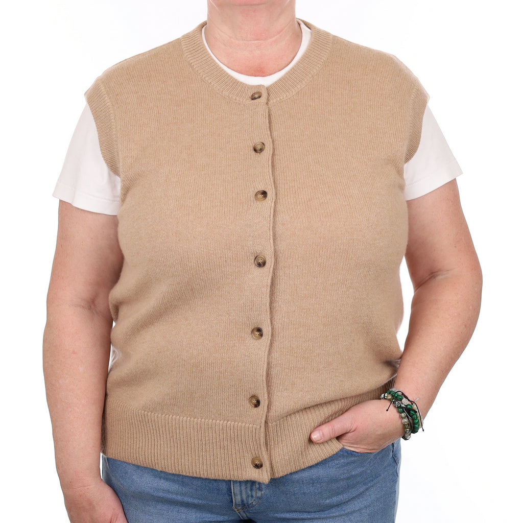 Brand New Caramel Luxury Cashmere Crew Neck Waistcoat Extra Large UK 20-22