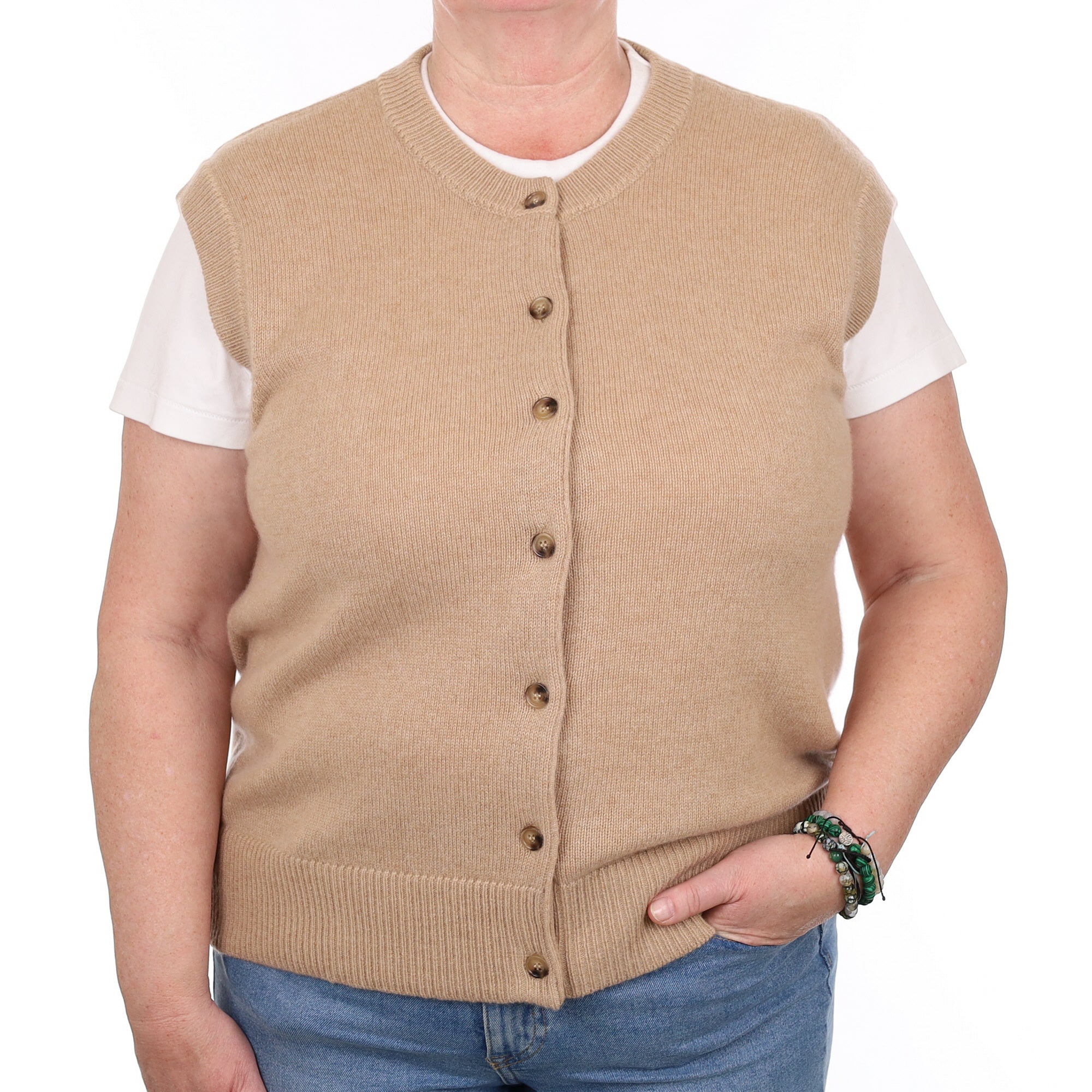 Brand New Caramel Luxury Cashmere Crew Neck Waistcoat Extra Large UK 20-22