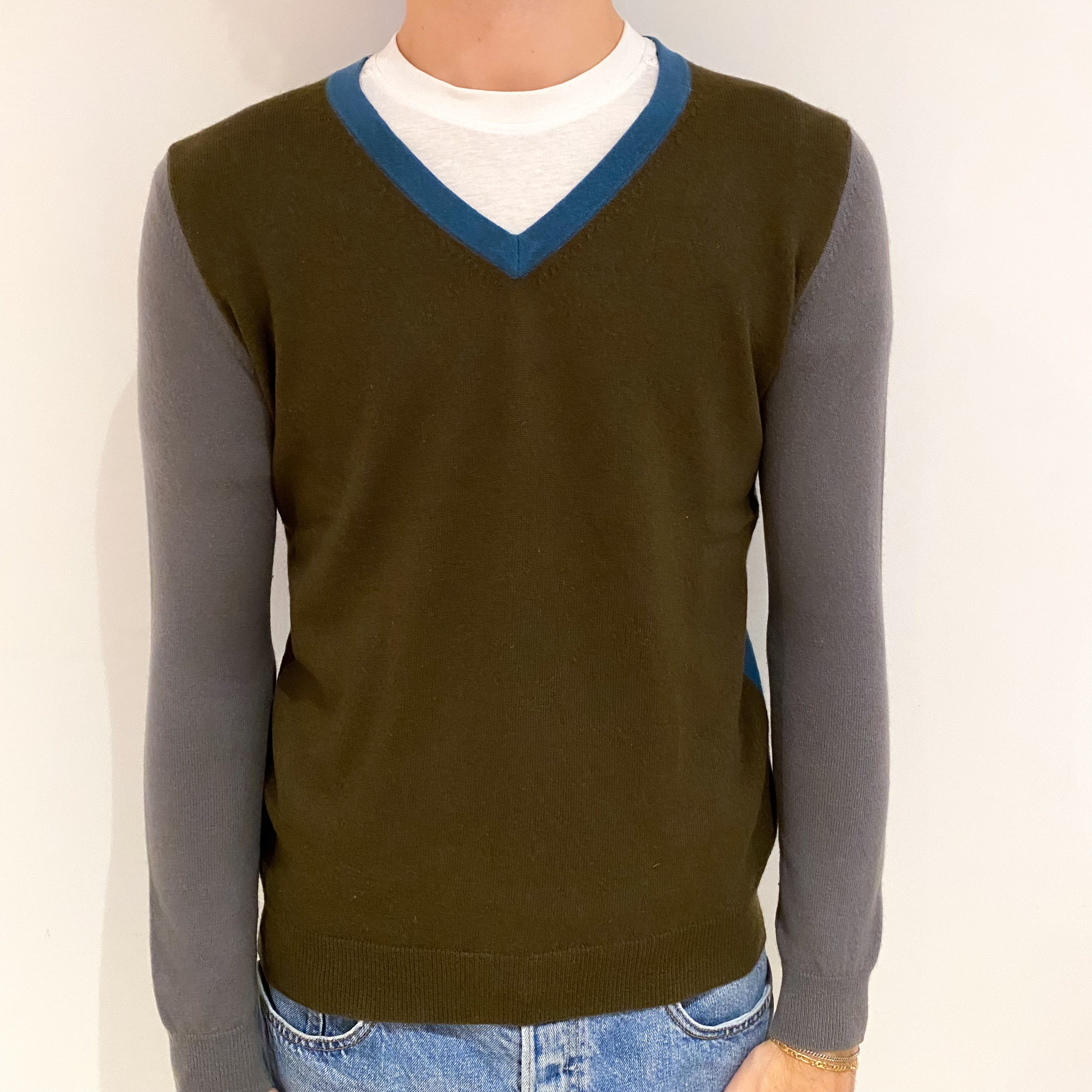 Men's Khaki Grey and Teal Cashmere V Neck Jumper Large