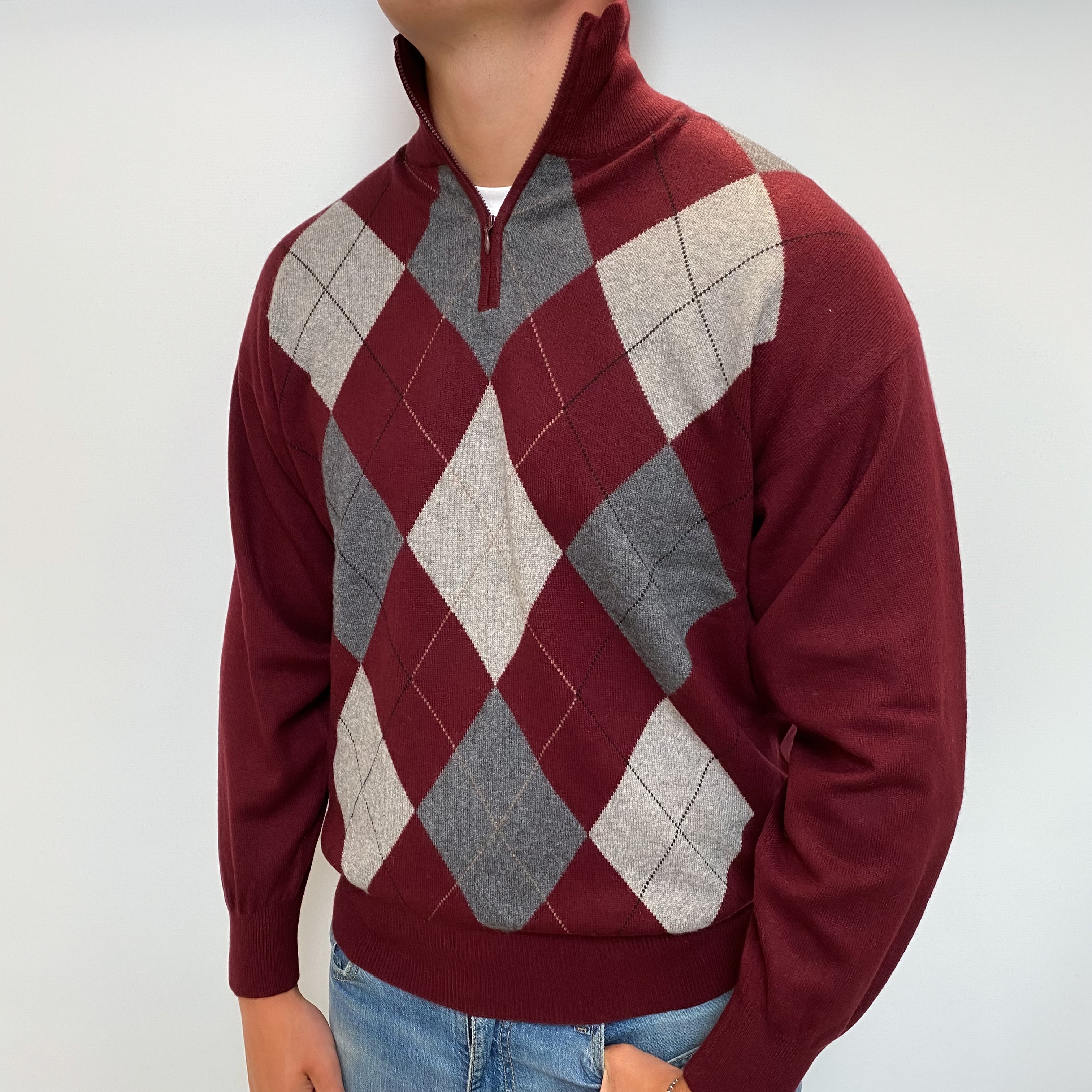 Men's Wine Red Argyle Cashmere 1/4 Zip V Neck Jumper XL