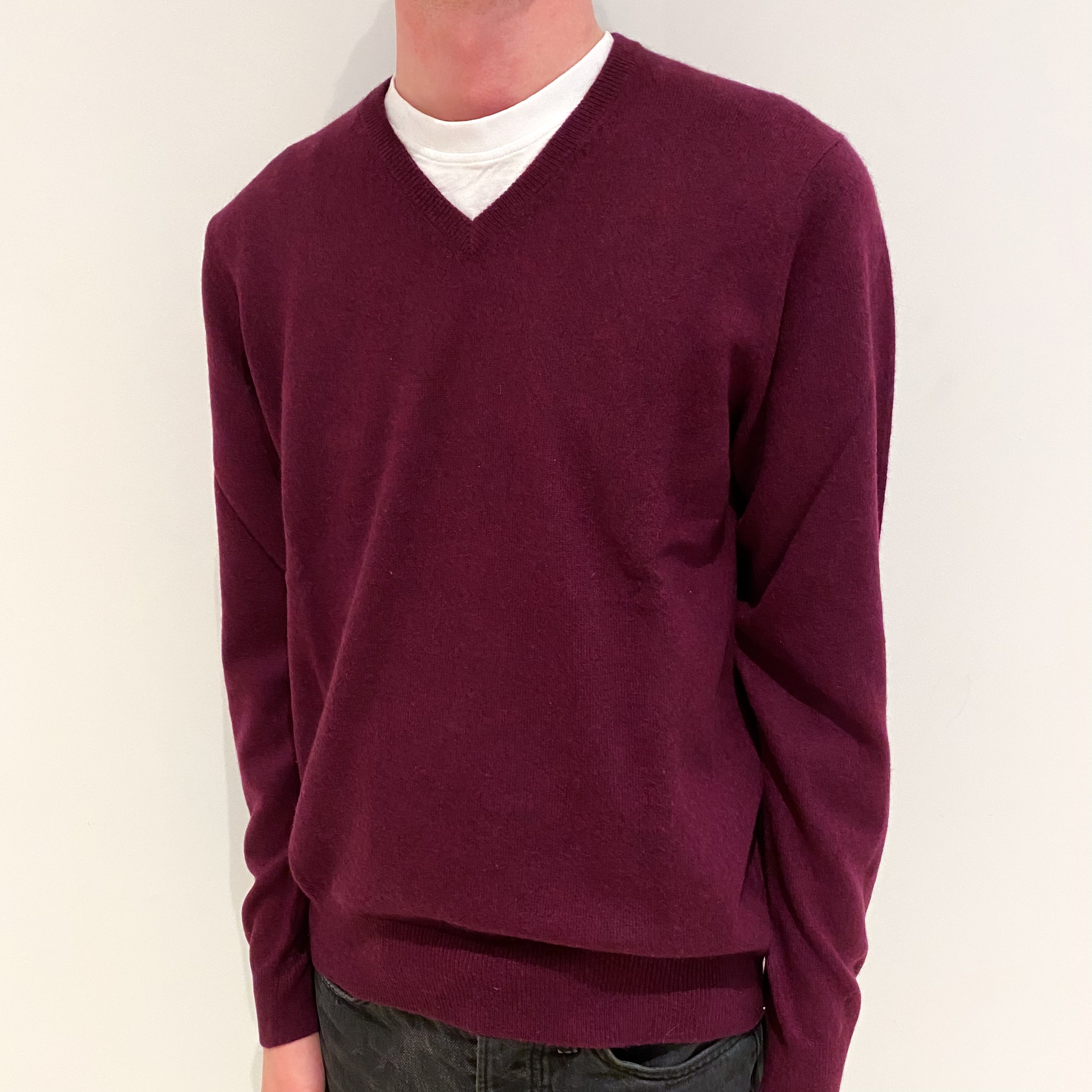 Men's Mulberry Purple Cashmere V-Neck Jumper Small