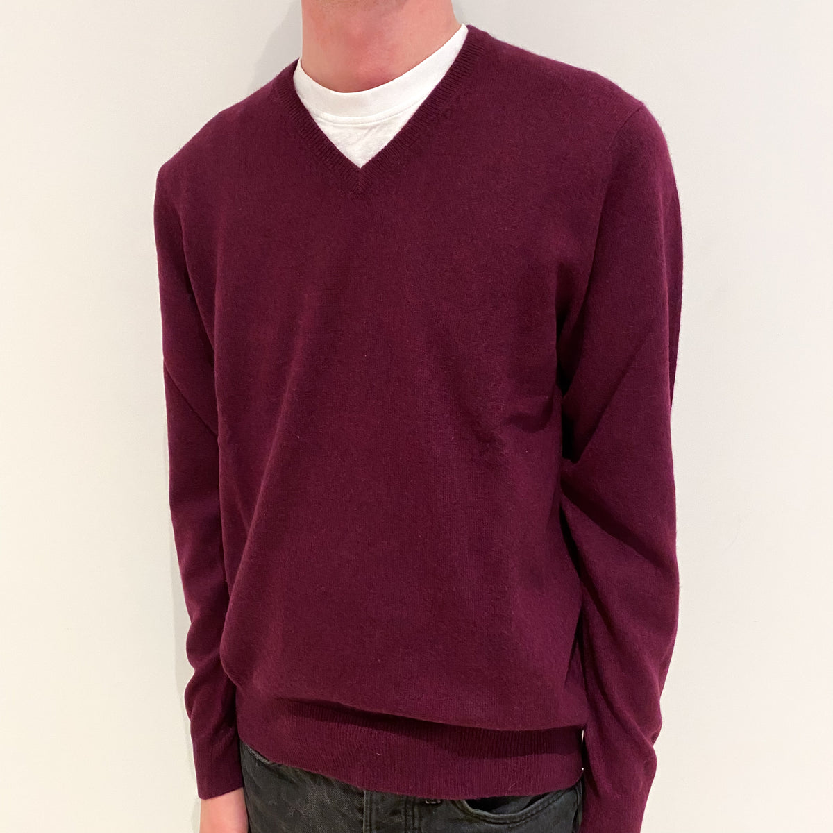 Men's Mulberry Purple Cashmere V-Neck Jumper Small
