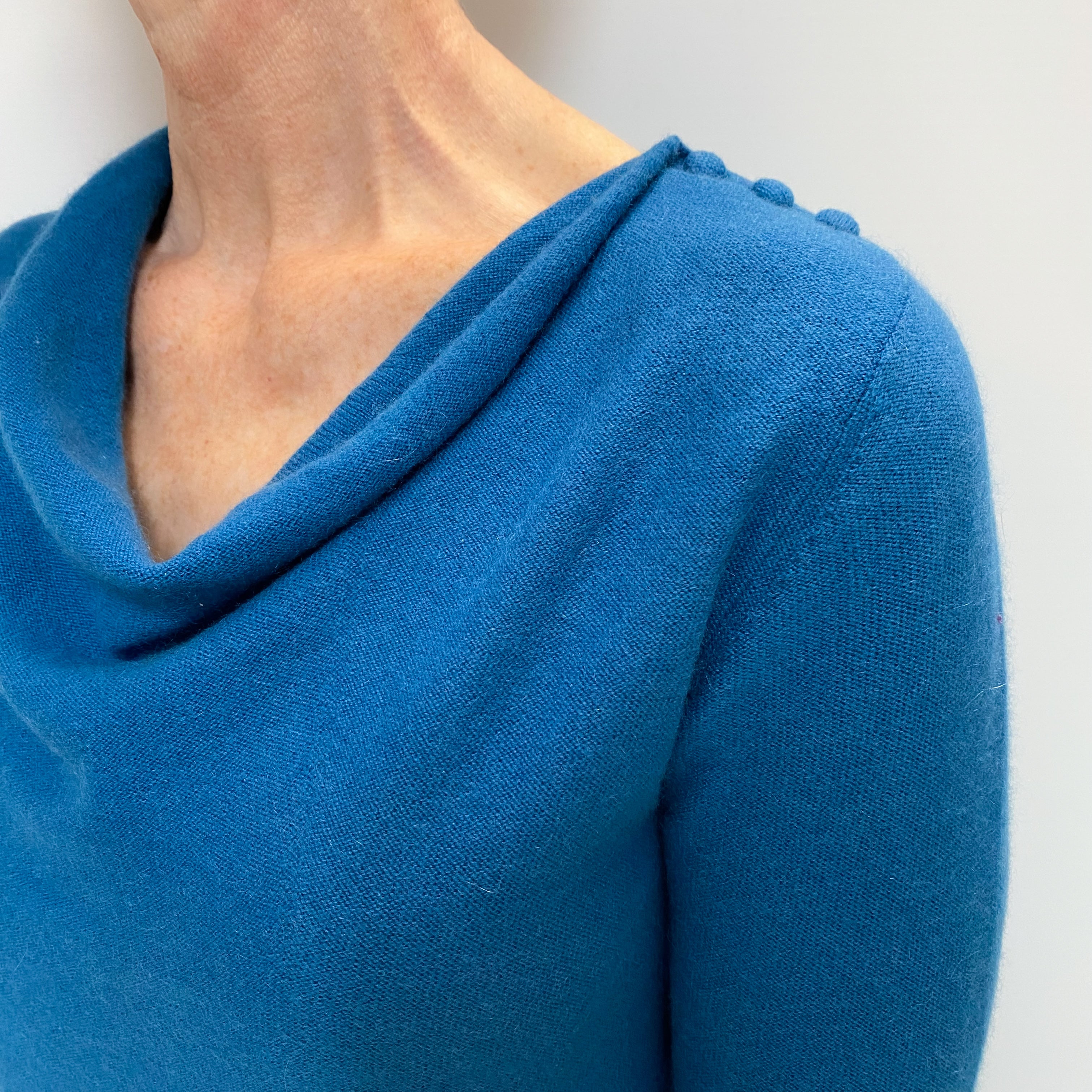 Teal Blue Cashmere Slouchy Slash Neck Dress Small