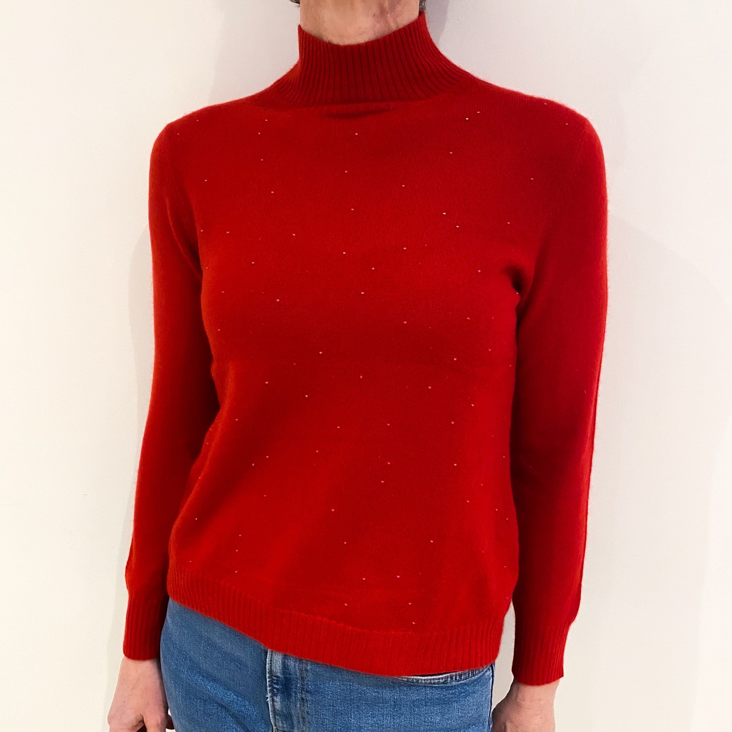 Scarlet Red Embellished Cashmere Turtle Neck Jumper Small