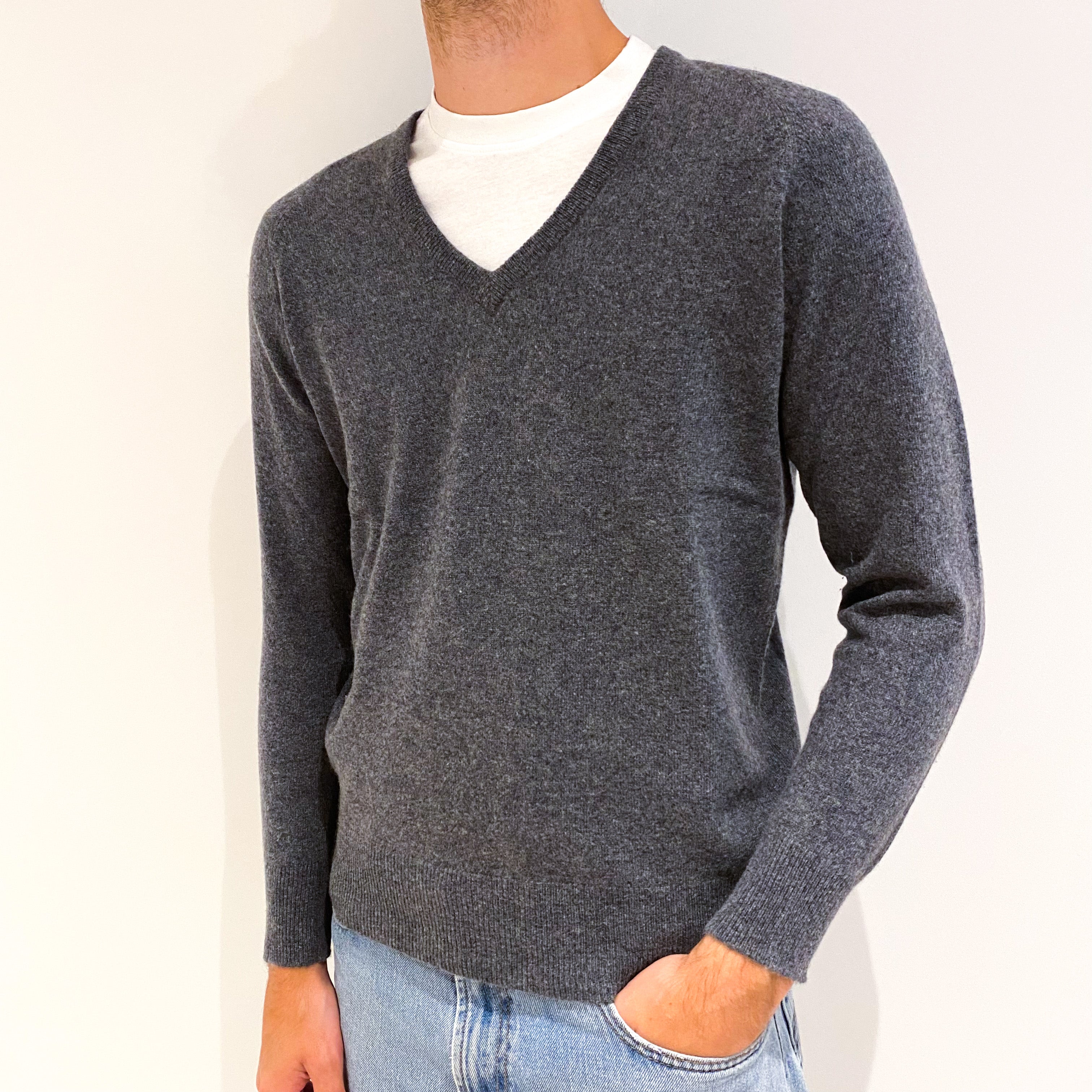 Men's Slate Grey Cashmere V-Neck Jumper Medium