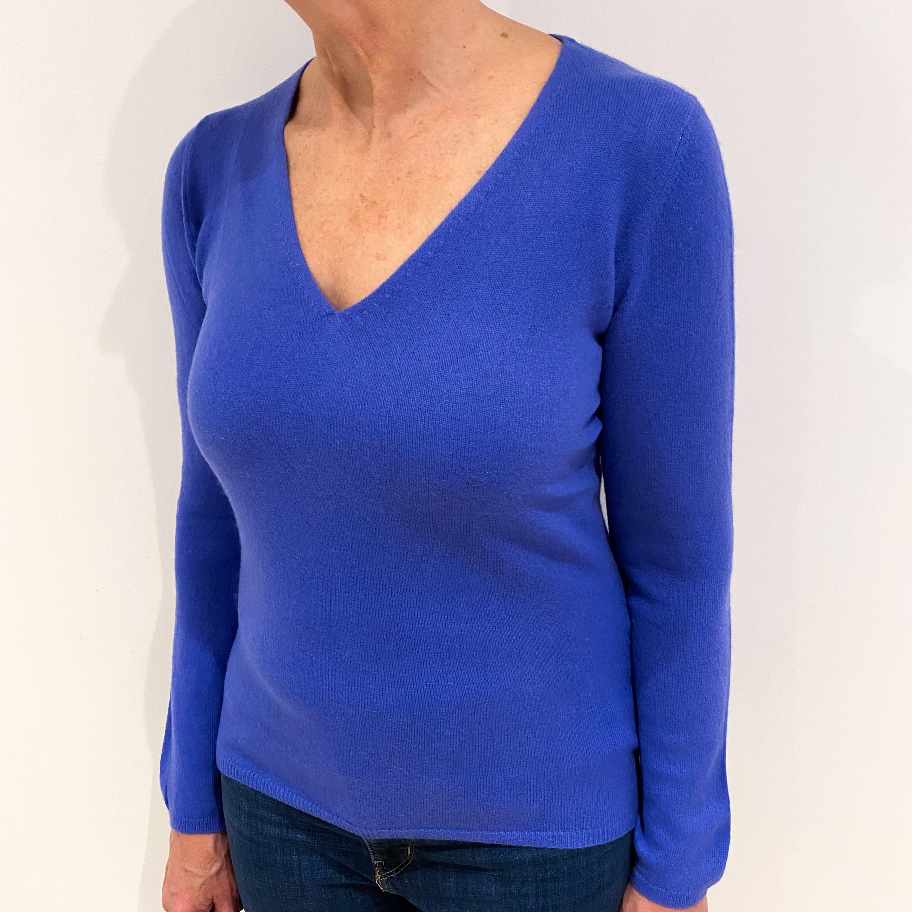 Bluebell Blue Cashmere V Neck Jumper Medium