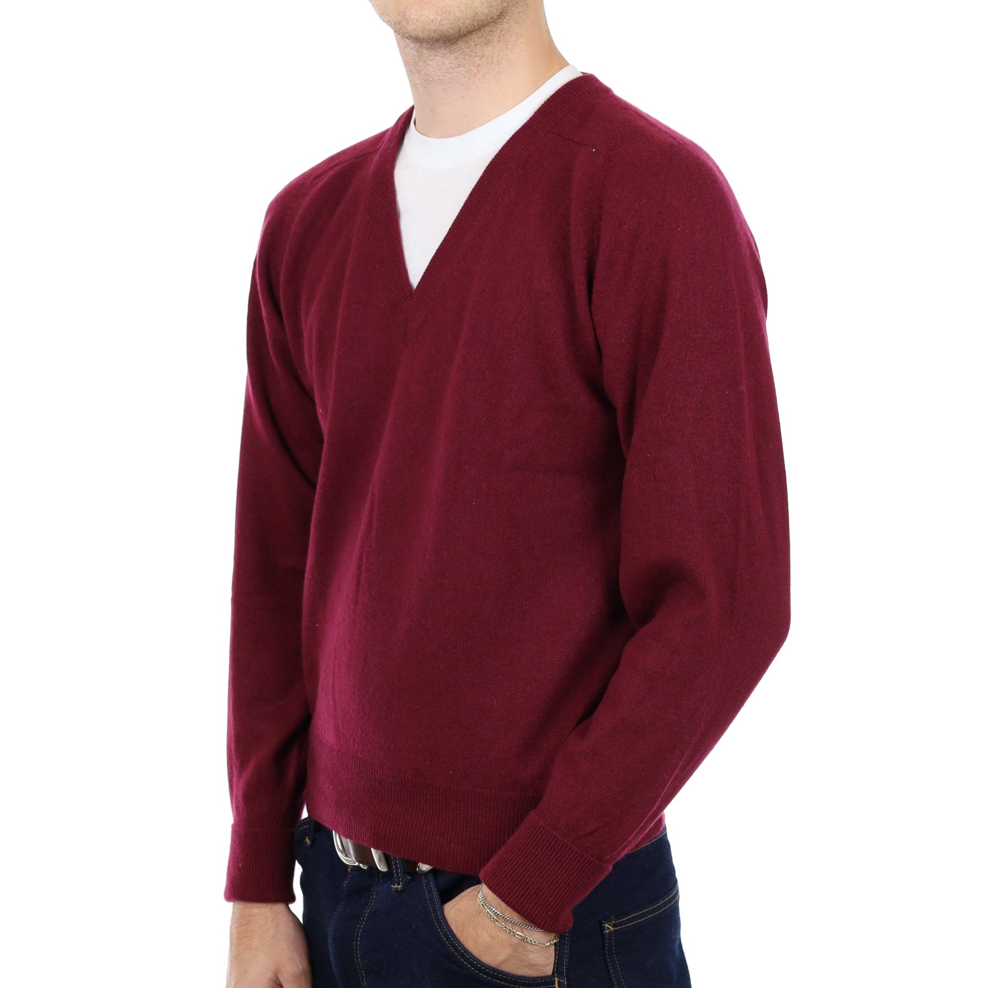 Men's Wine Red Cashmere V Neck Jumper Medium
