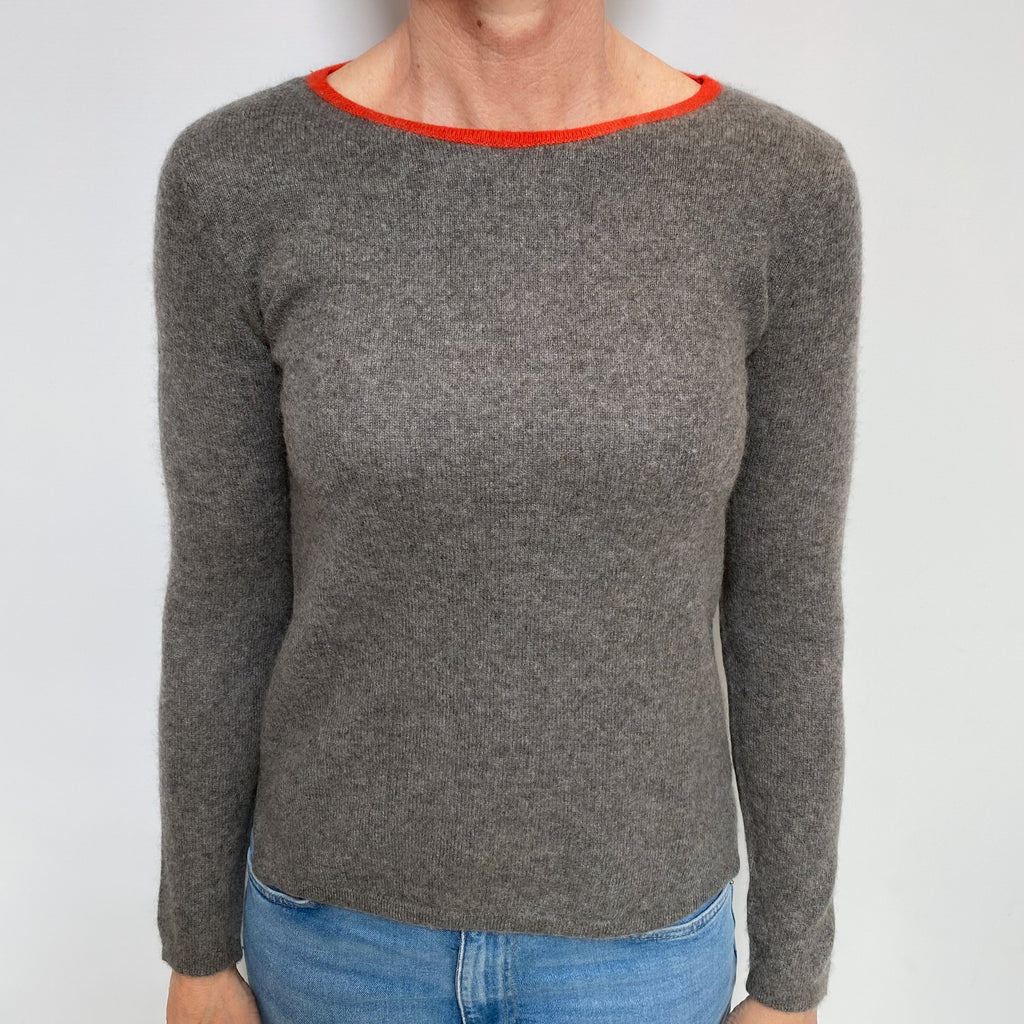 Italian Ash Grey Orange Trim Cashmere Crew Neck Jumper Small