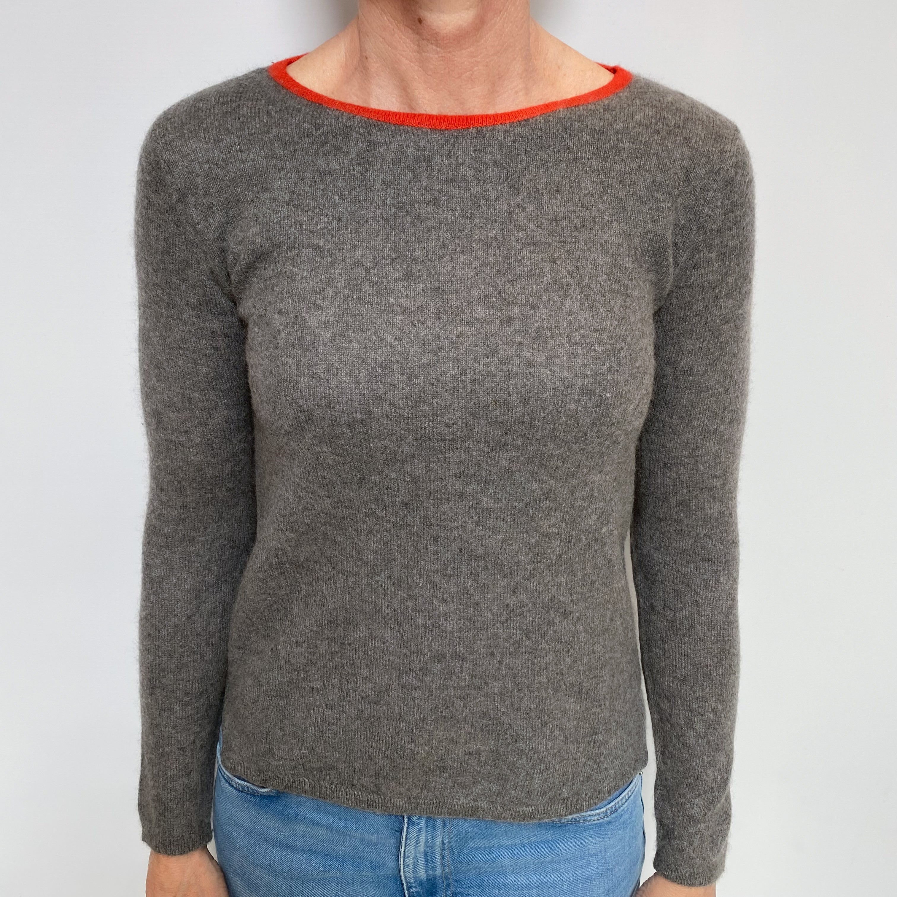 Italian Ash Grey Orange Trim Cashmere Crew Neck Jumper Small