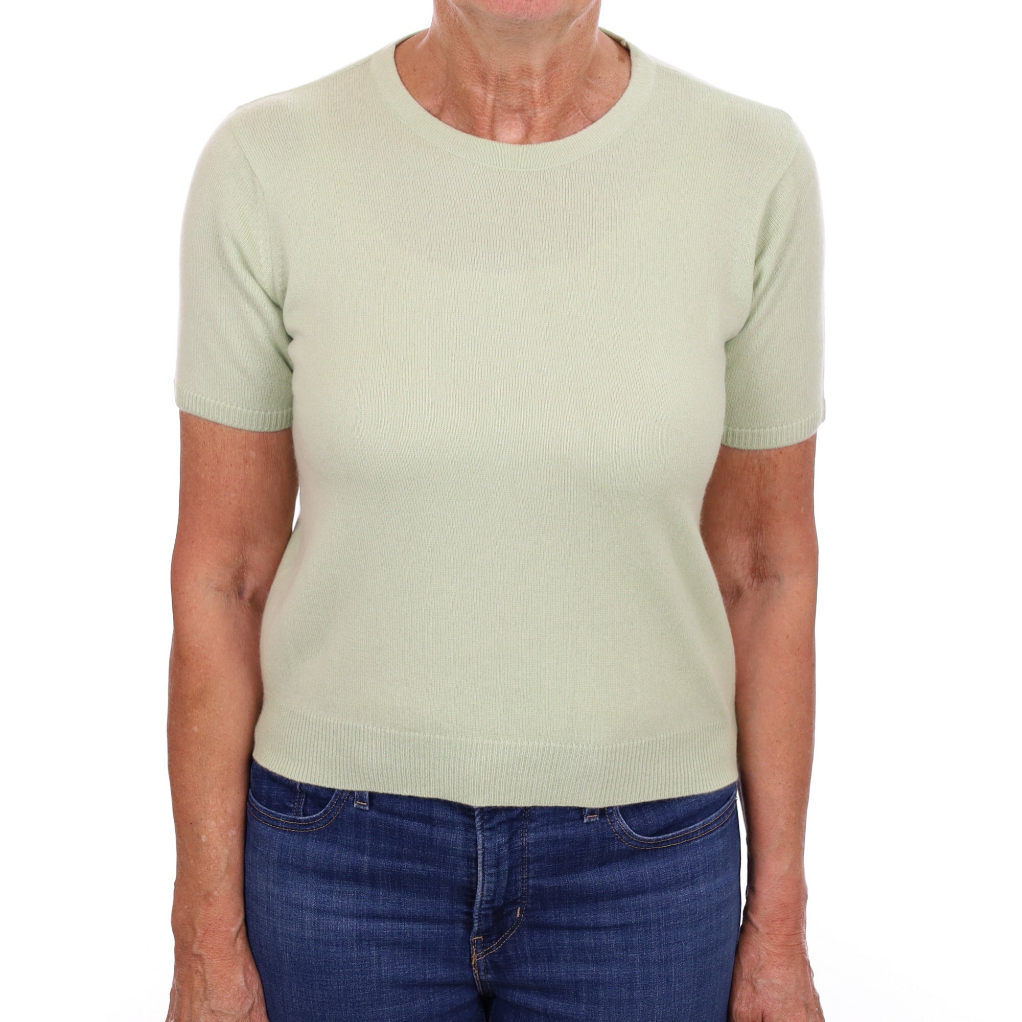 Soft Lime Green Cashmere Crew Neck Short Sleeved Jumper Medium