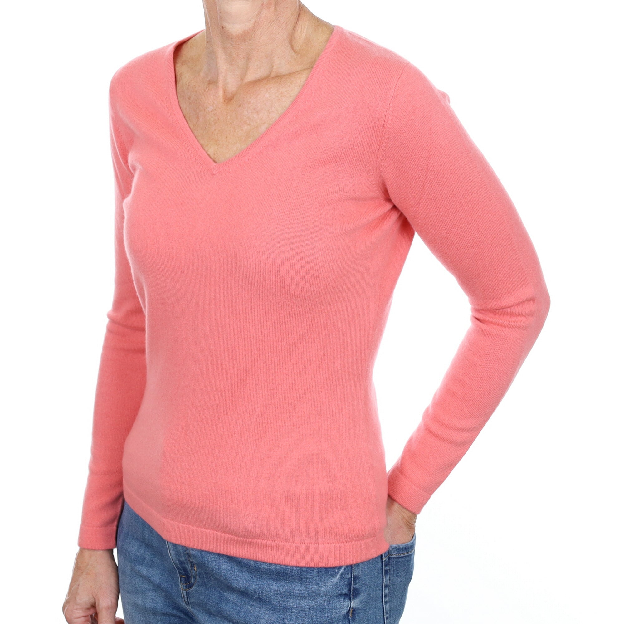New Coral Pink Cashmere V Neck Jumper Small