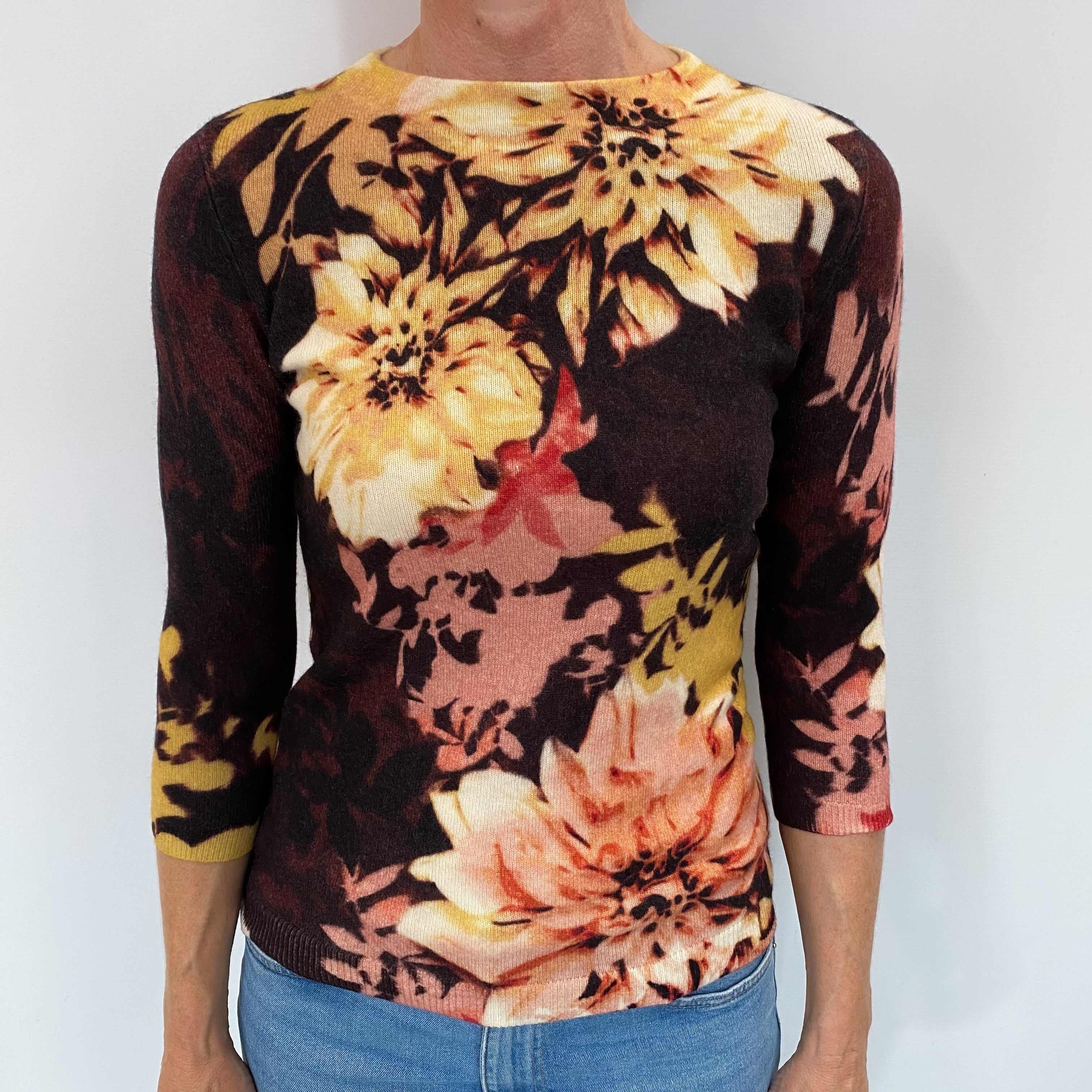 Brown Floral Patterned Cashmere Crew Neck Jumper Small