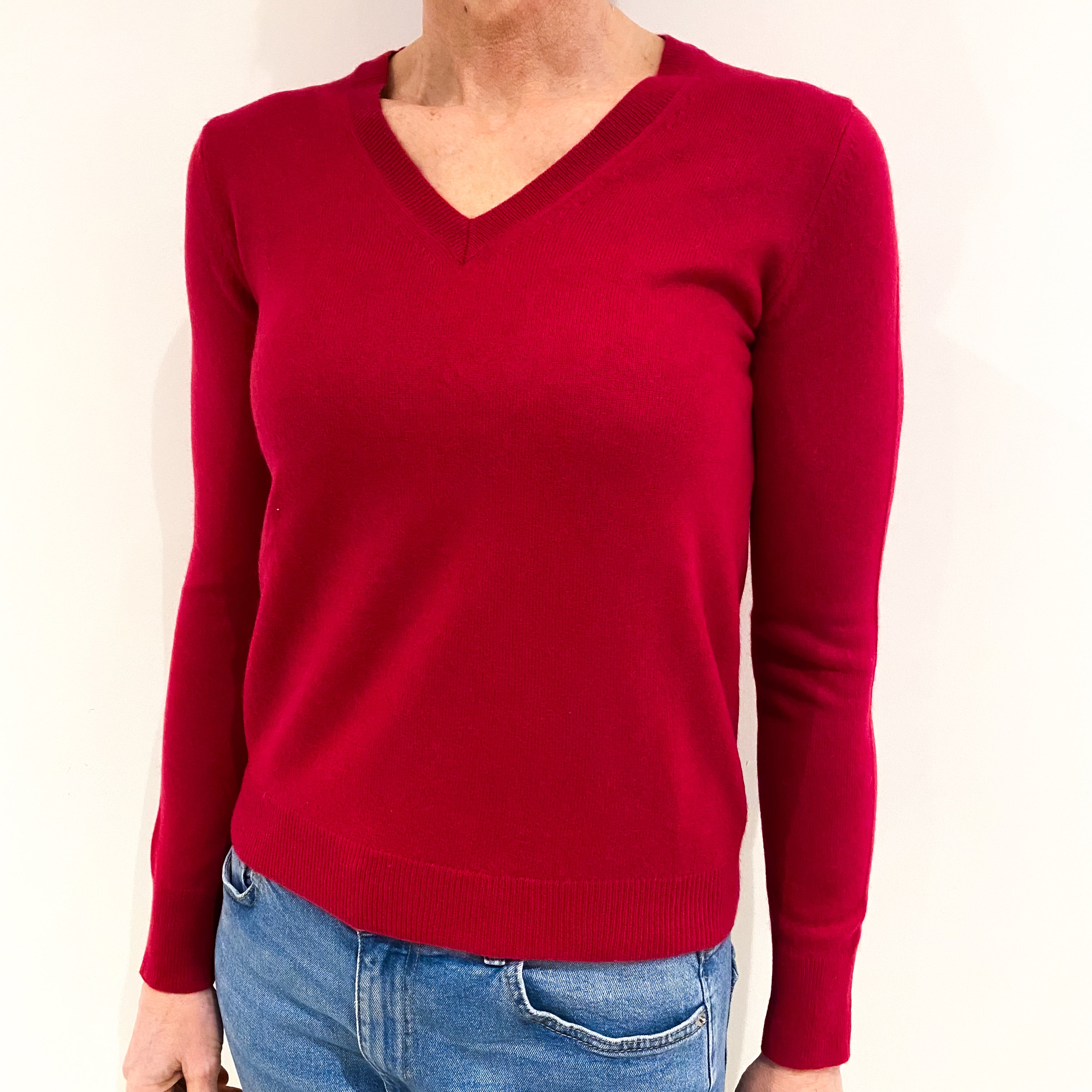 Ruby Red Cashmere V Neck Jumper Small