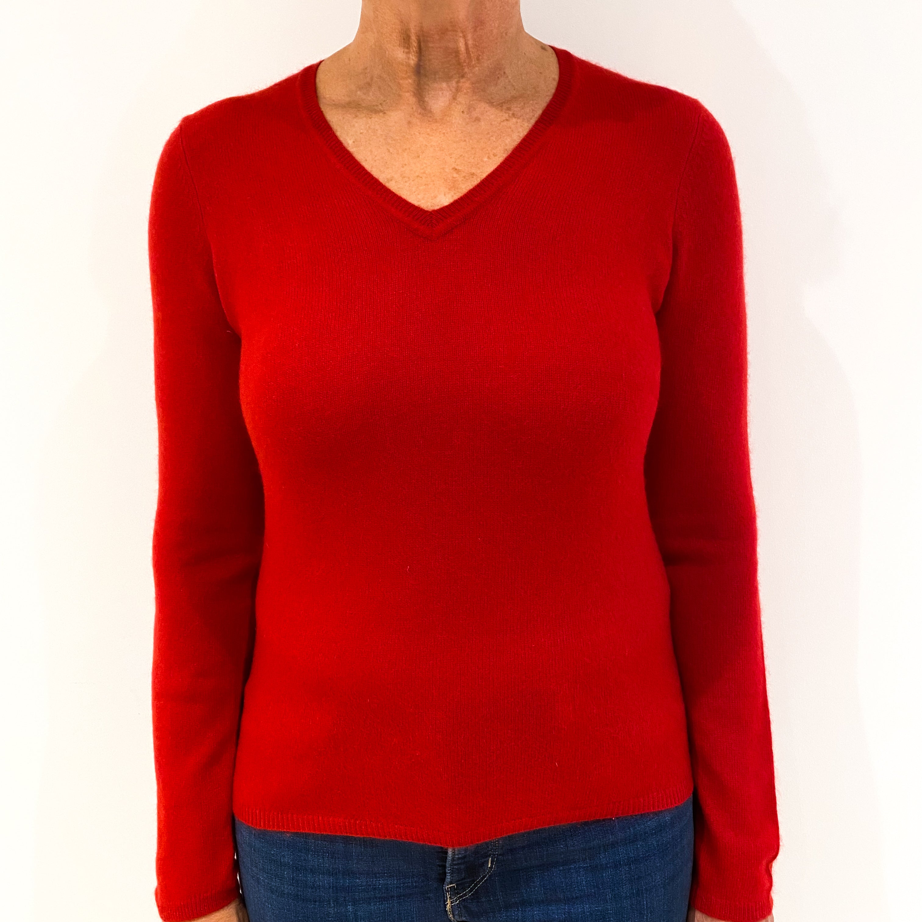 Post Box Red Cashmere V-Neck Jumper Medium