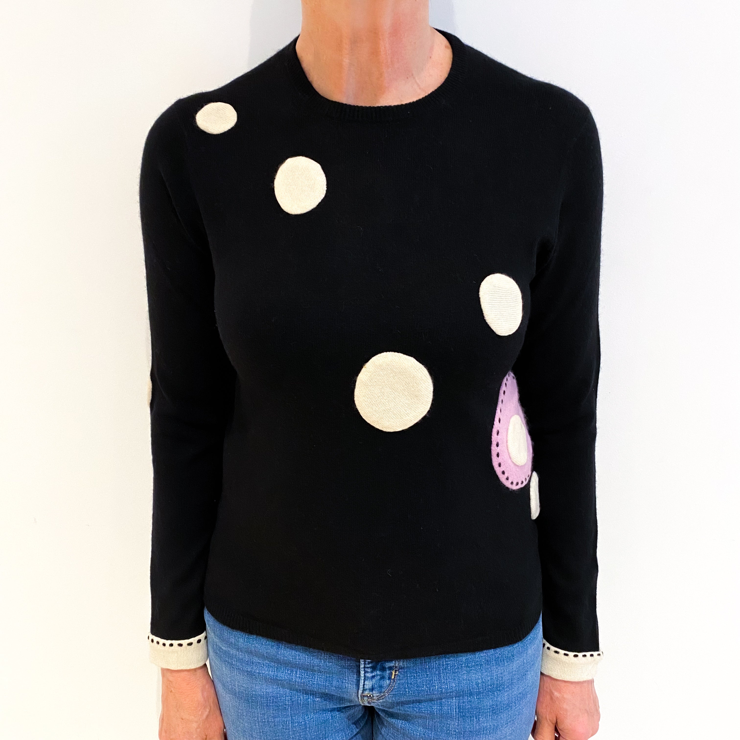 Black With White And Mauve Appliqués Cashmere Crew Neck Jumper Medium
