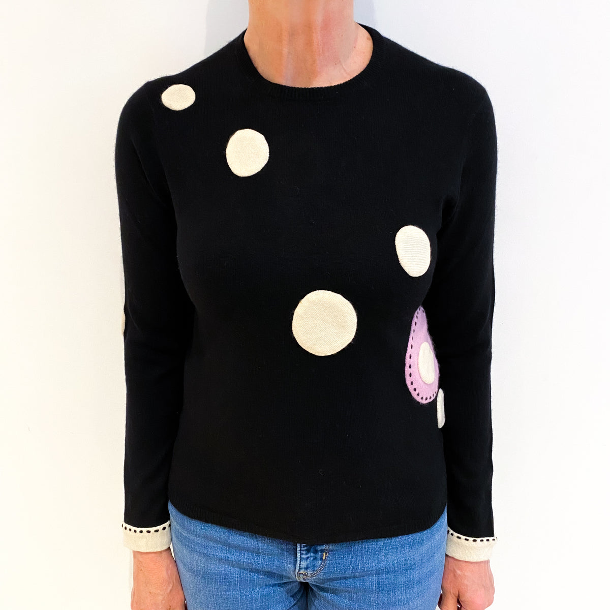 Black With White And Mauve Appliqués Cashmere Crew Neck Jumper Medium