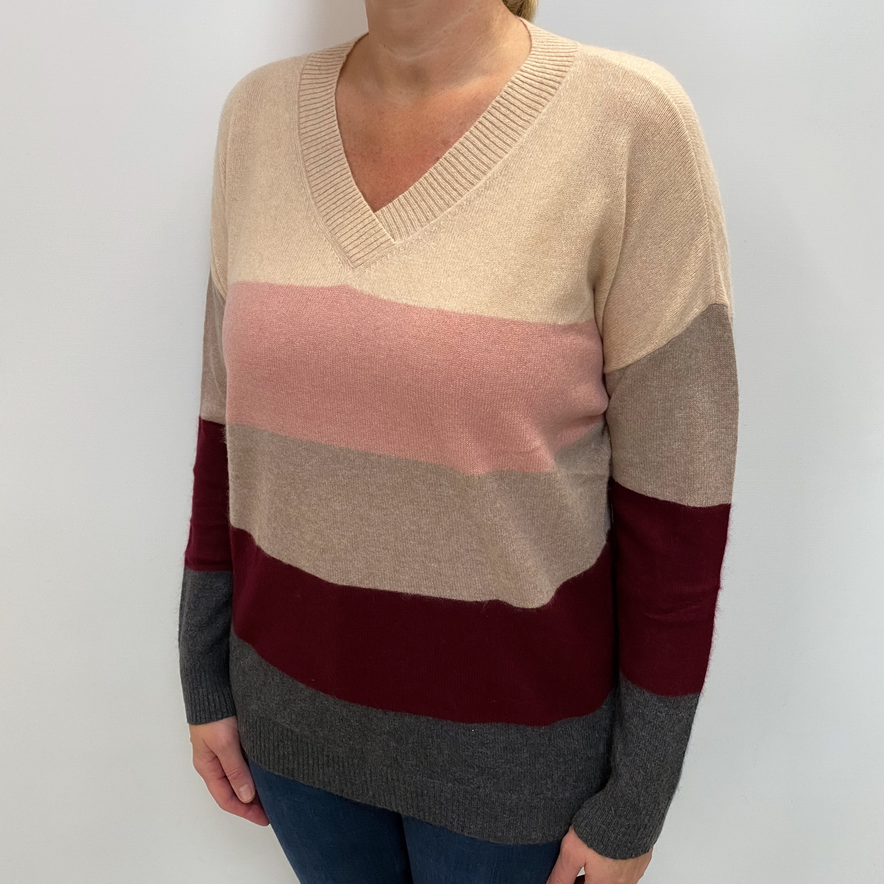 Brown and Pink Stripe Cashmere V Neck Jumper Large