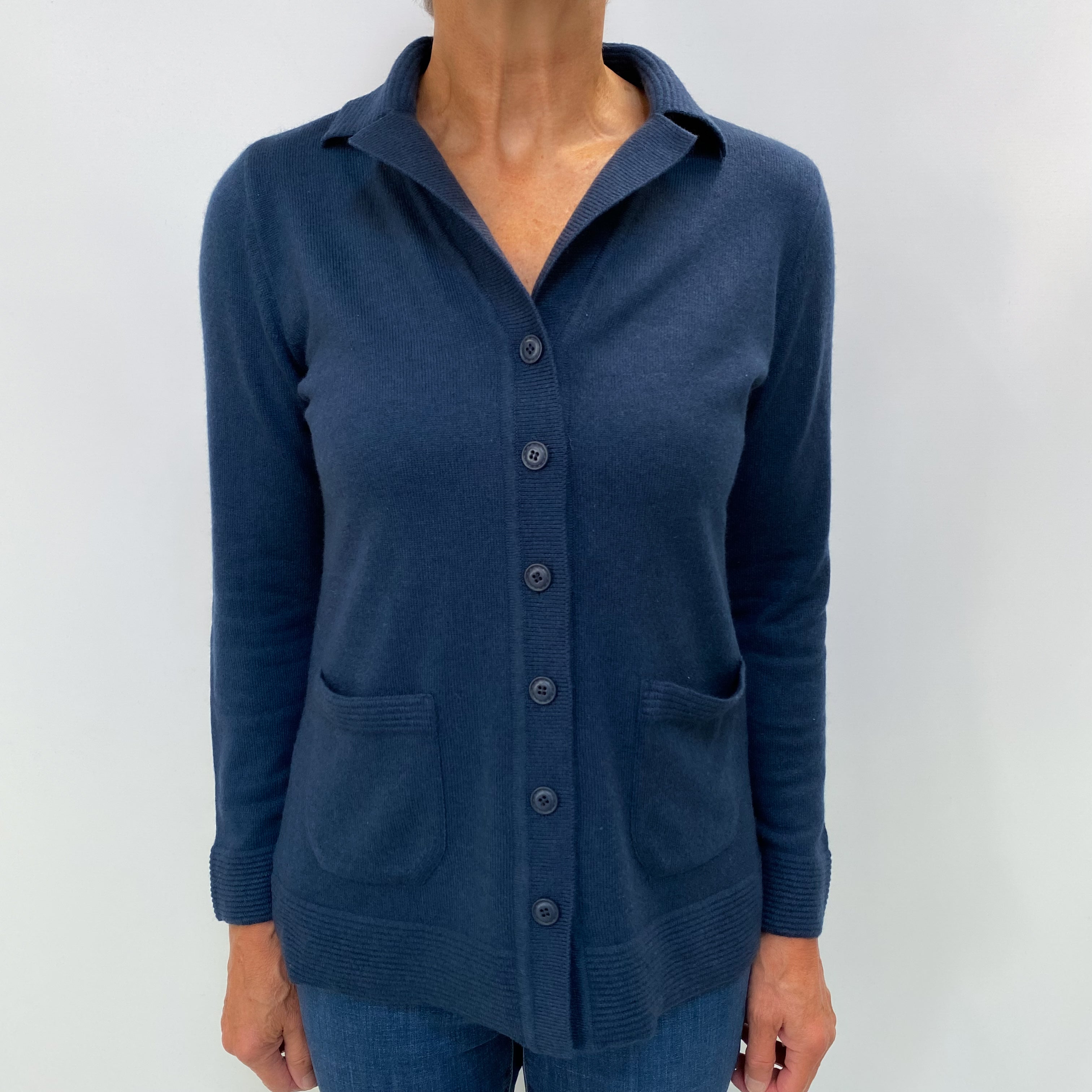 Naval Blue Cashmere Collared V Neck Cardigan Medium