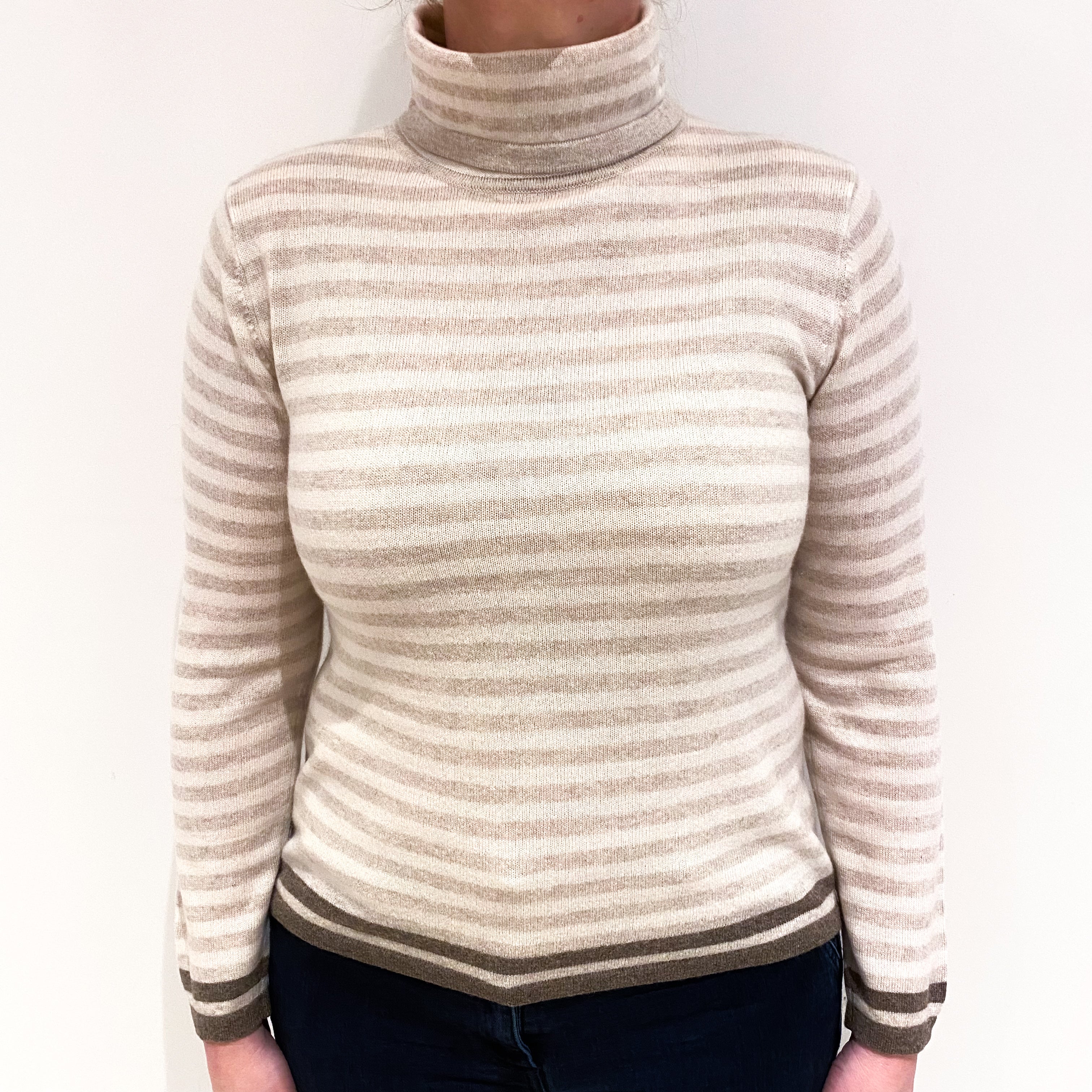 Cream and Biscuit Beige Stripe Cashmere Polo Neck Jumper Large