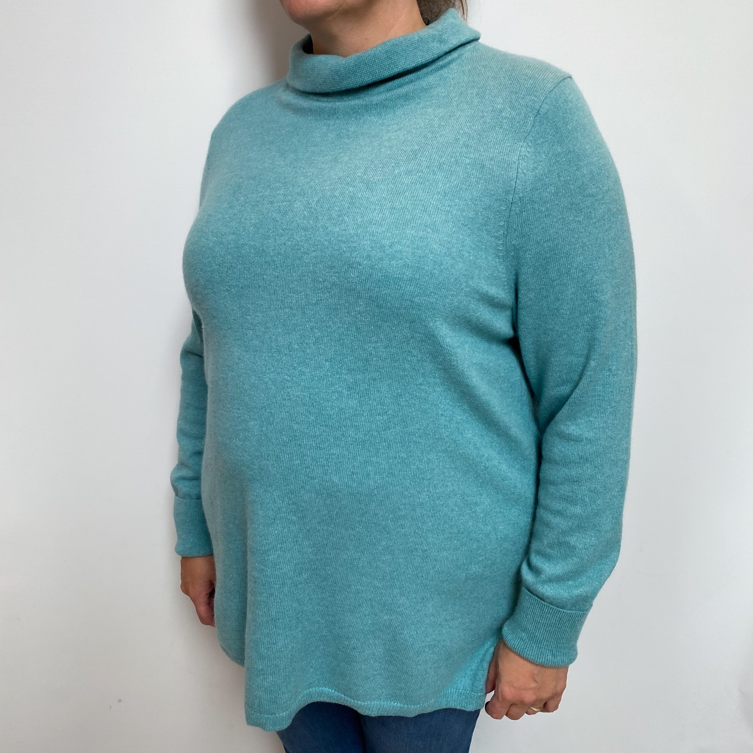Aqua Blue Marl Cashmere Funnel Neck Jumper Extra Large