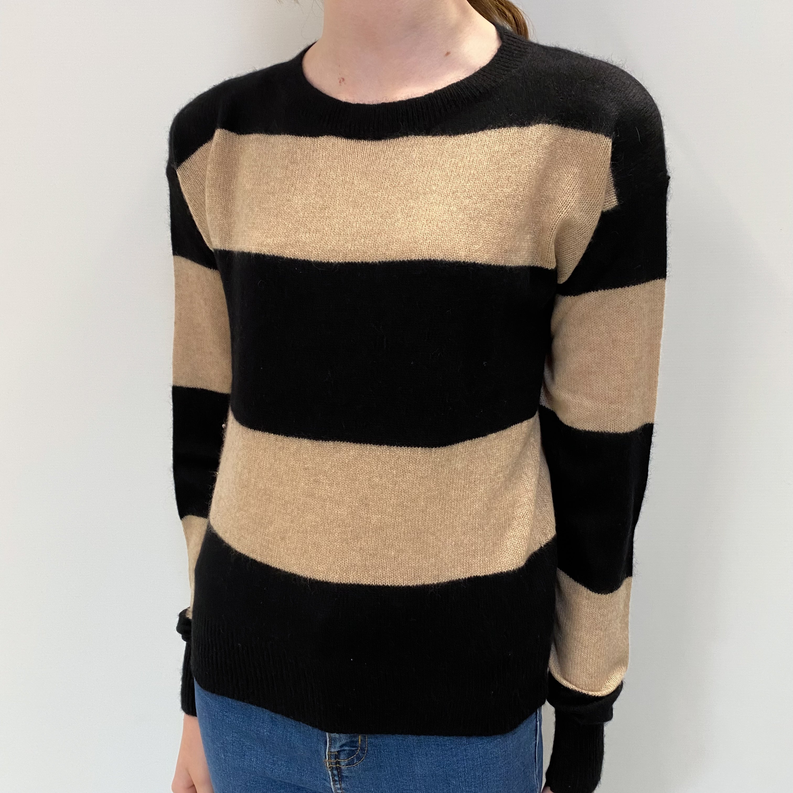 Black Beige Striped Cashmere Crew Neck Jumper Extra Small