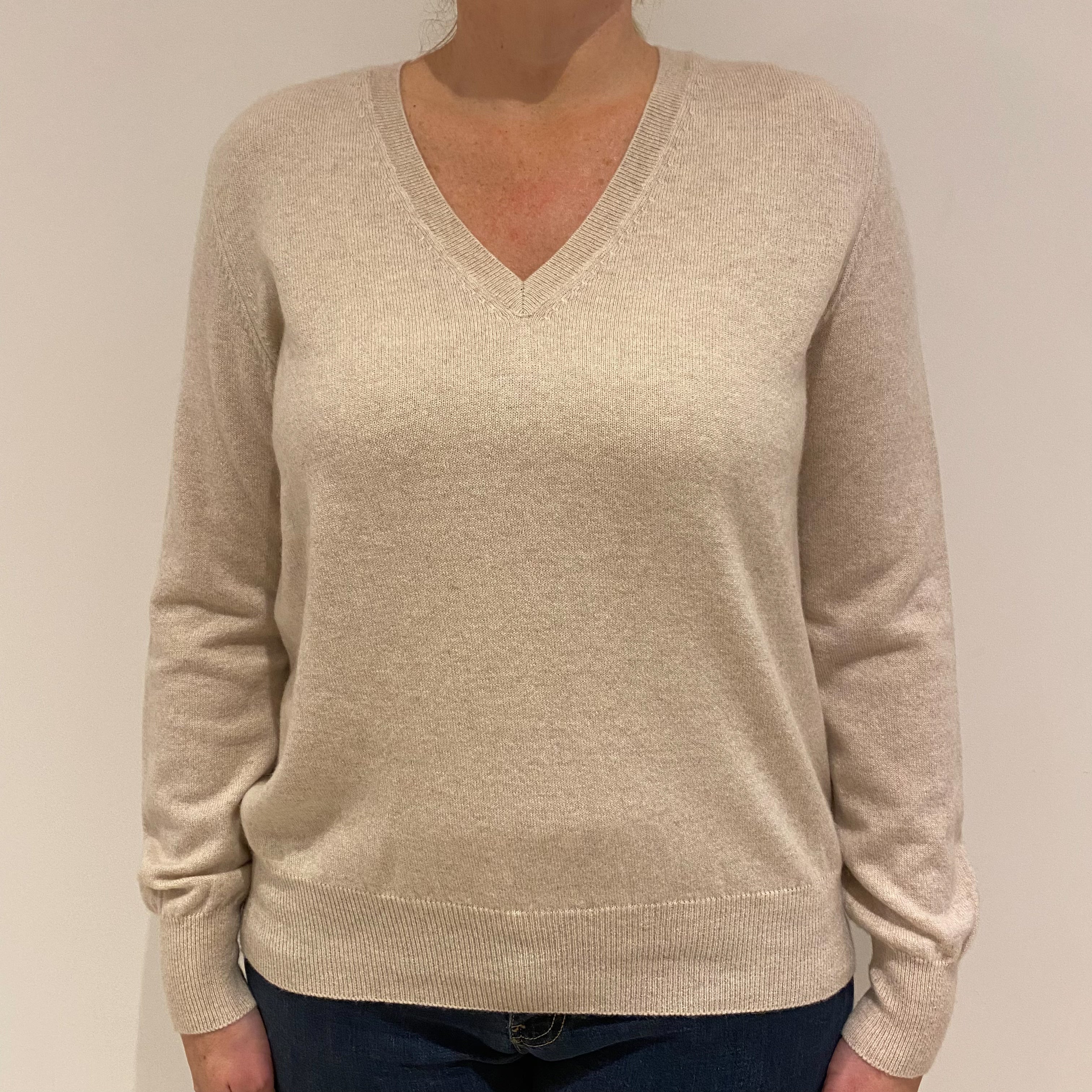 Oatmeal Cashmere V-Neck Jumper Large