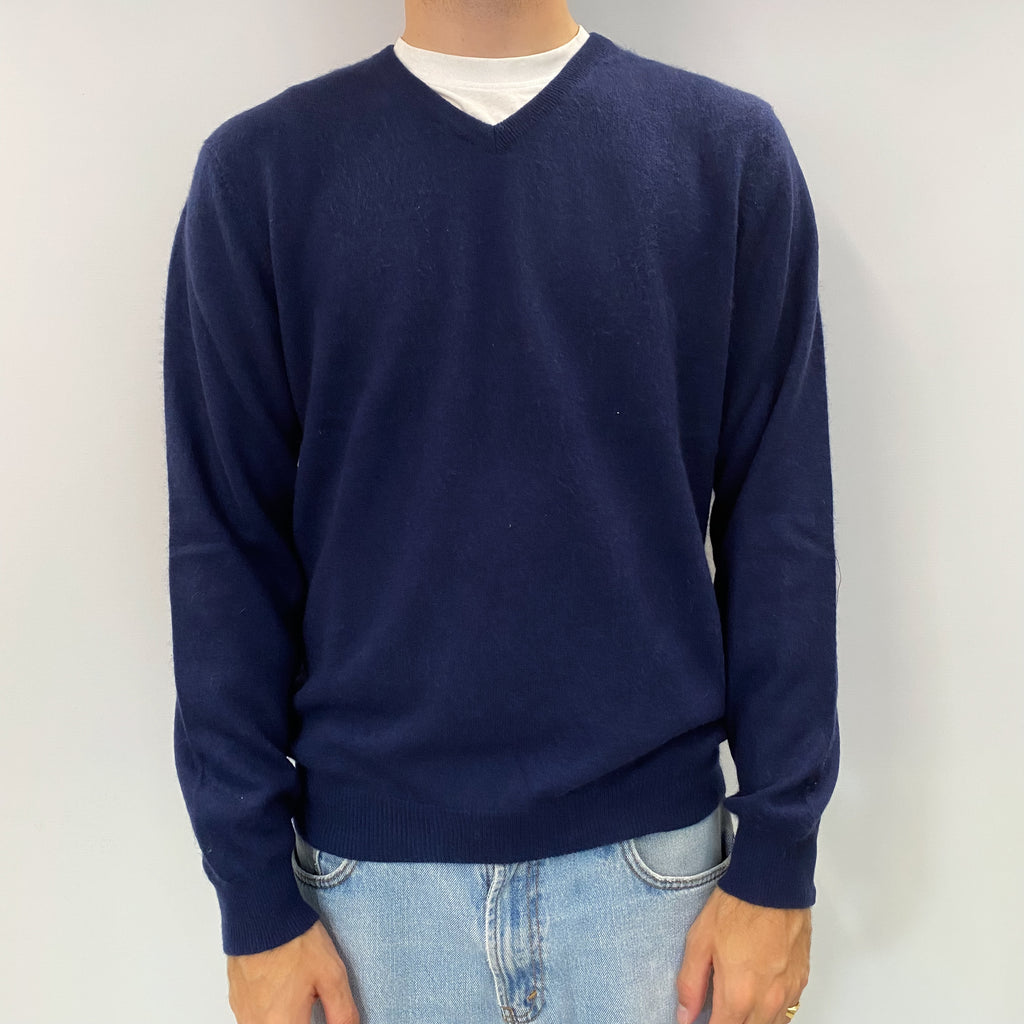 Men's Navy Blue Cashmere V Neck Jumper Large