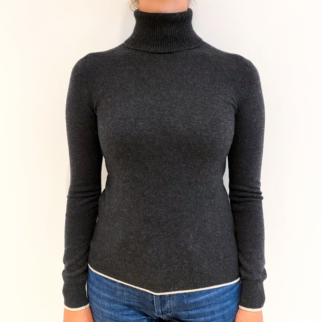 Charcoal Grey Ivory Trim Cashmere Polo Neck Jumper Small